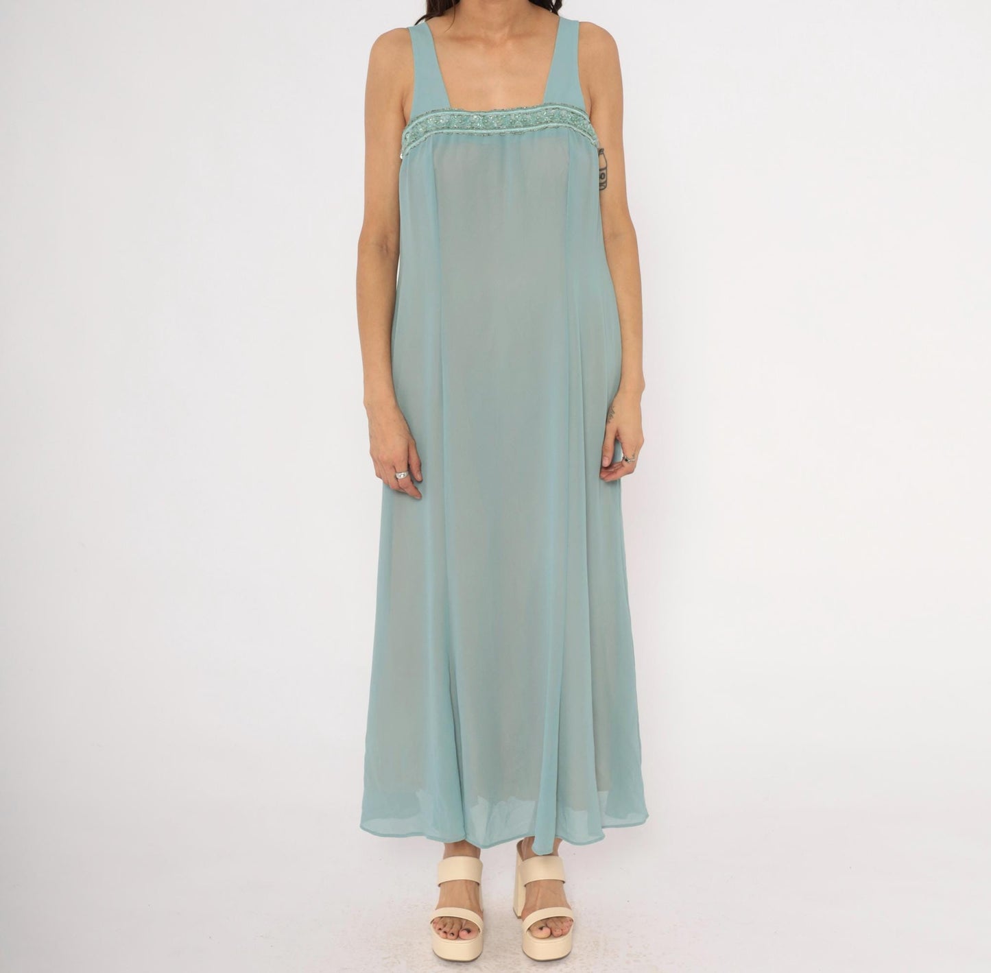 80s Ursula Ice Blue Maxi Dress Beaded Chiffon Empire Waist Small