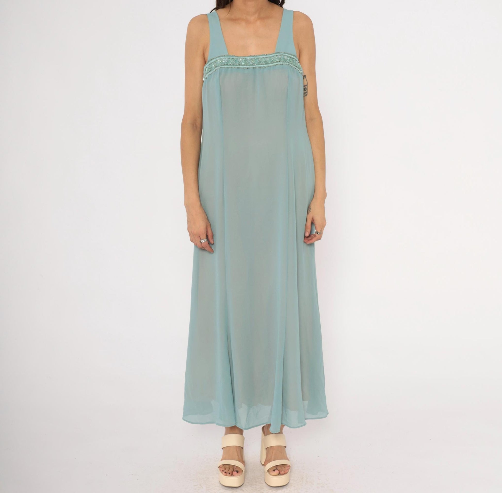 80s Ursula Ice Blue Maxi Dress Beaded Chiffon Empire Waist Small