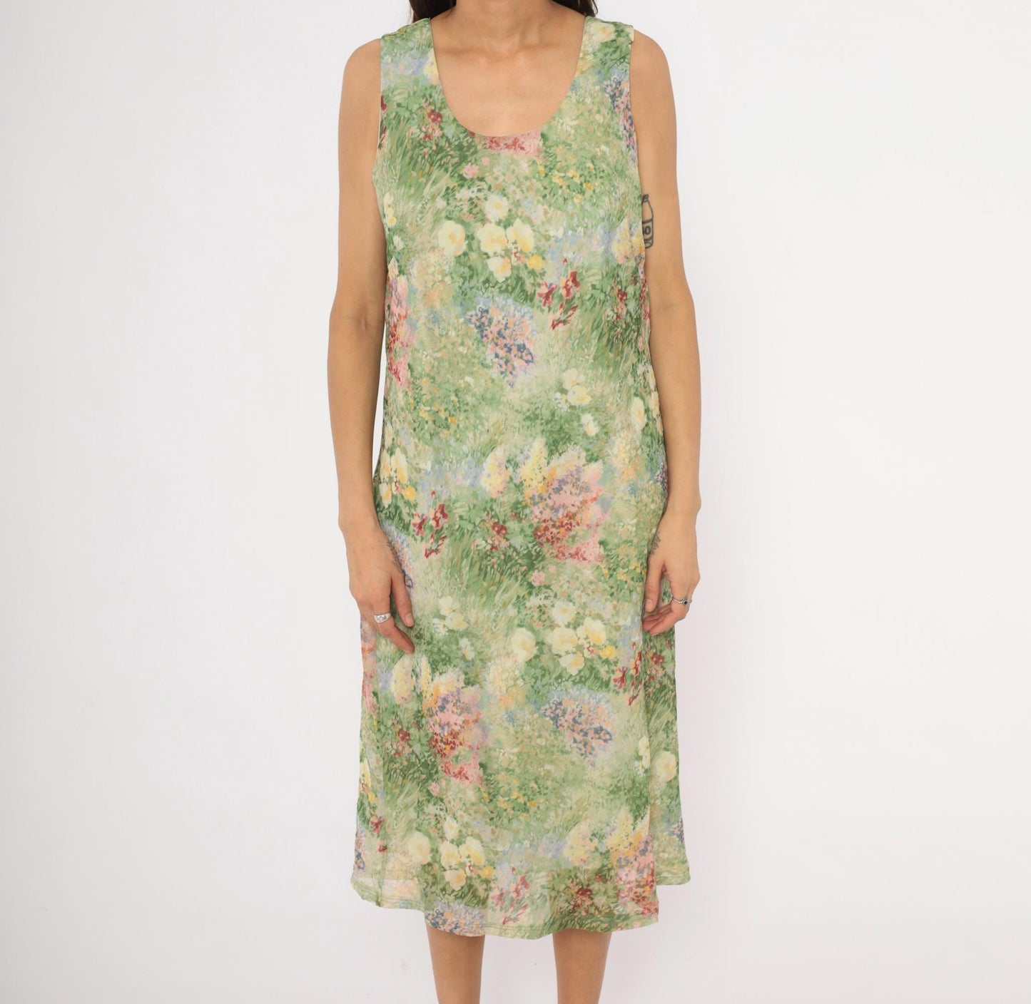 90s K Studio Floral Midi Dress Impressionist Garden Print Green Pink Extra Large