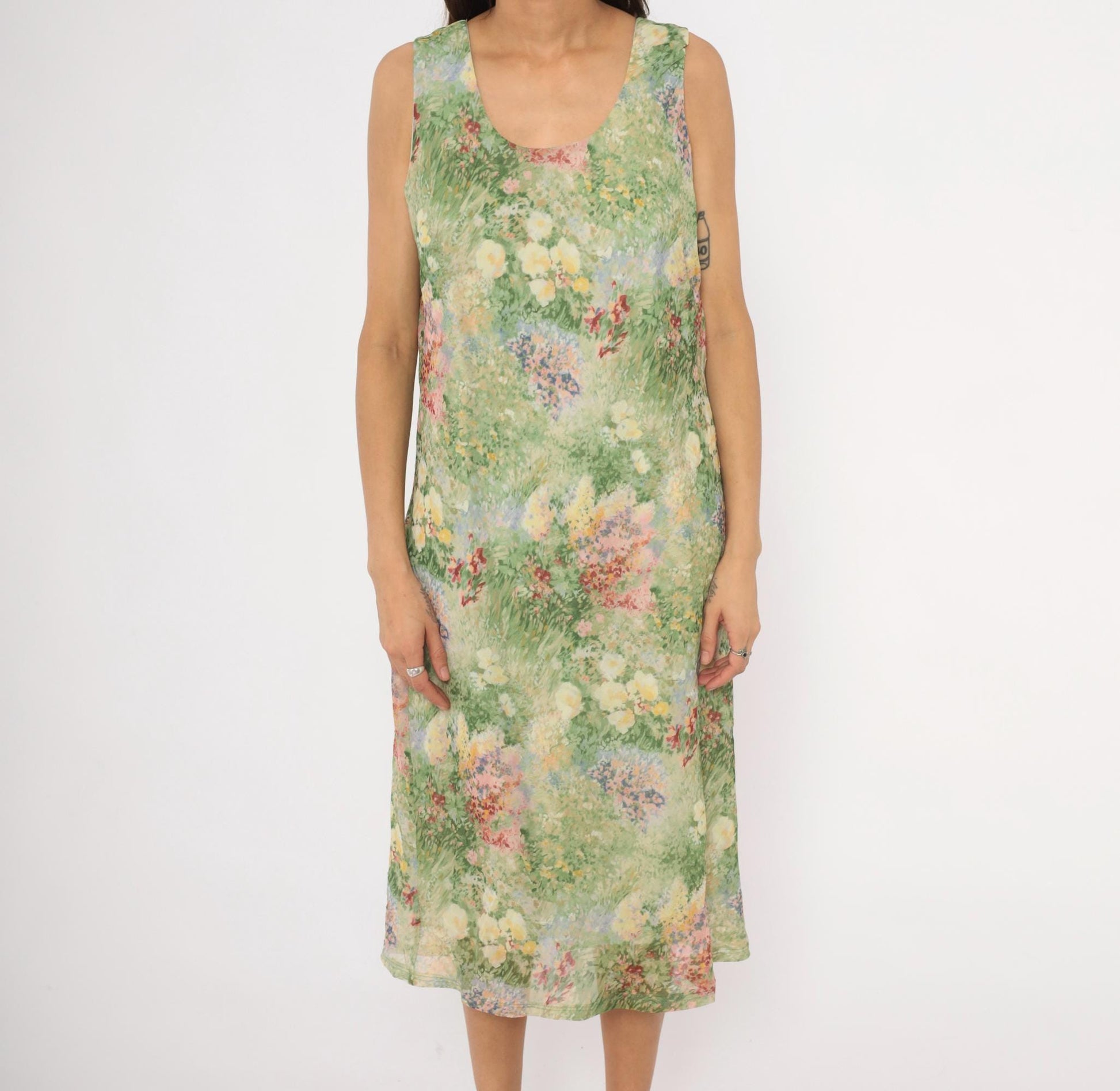 90s K Studio Floral Midi Dress Impressionist Garden Print Green Pink Extra Large