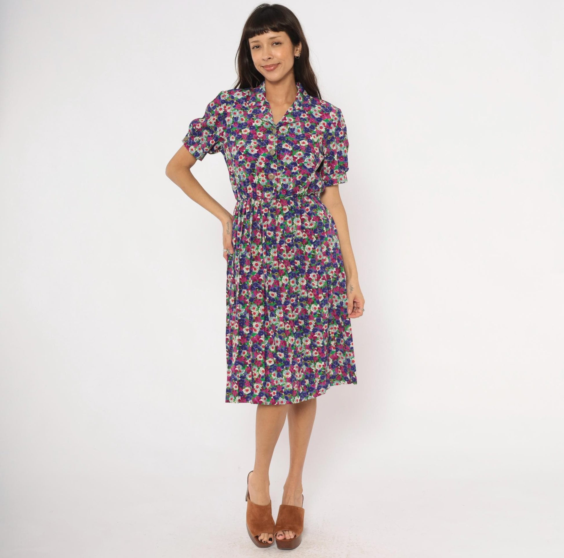80s Winning Ticket Floral Shirtdress Purple Garden Print Puff Sleeve Small