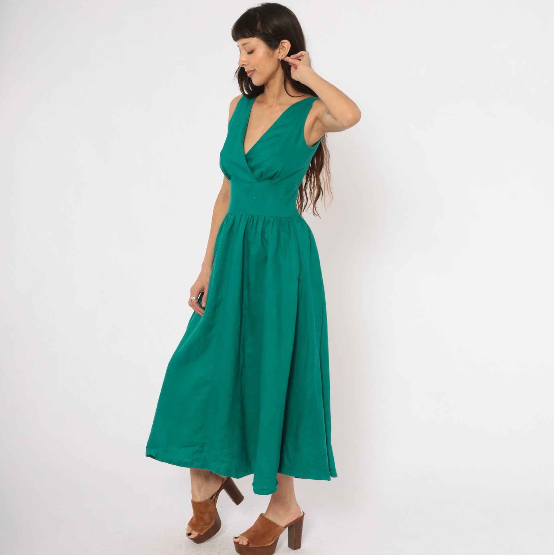 80s Kenar 2 Teal Linen Midi Dress Surplice V-Neck Sleeveless Small S