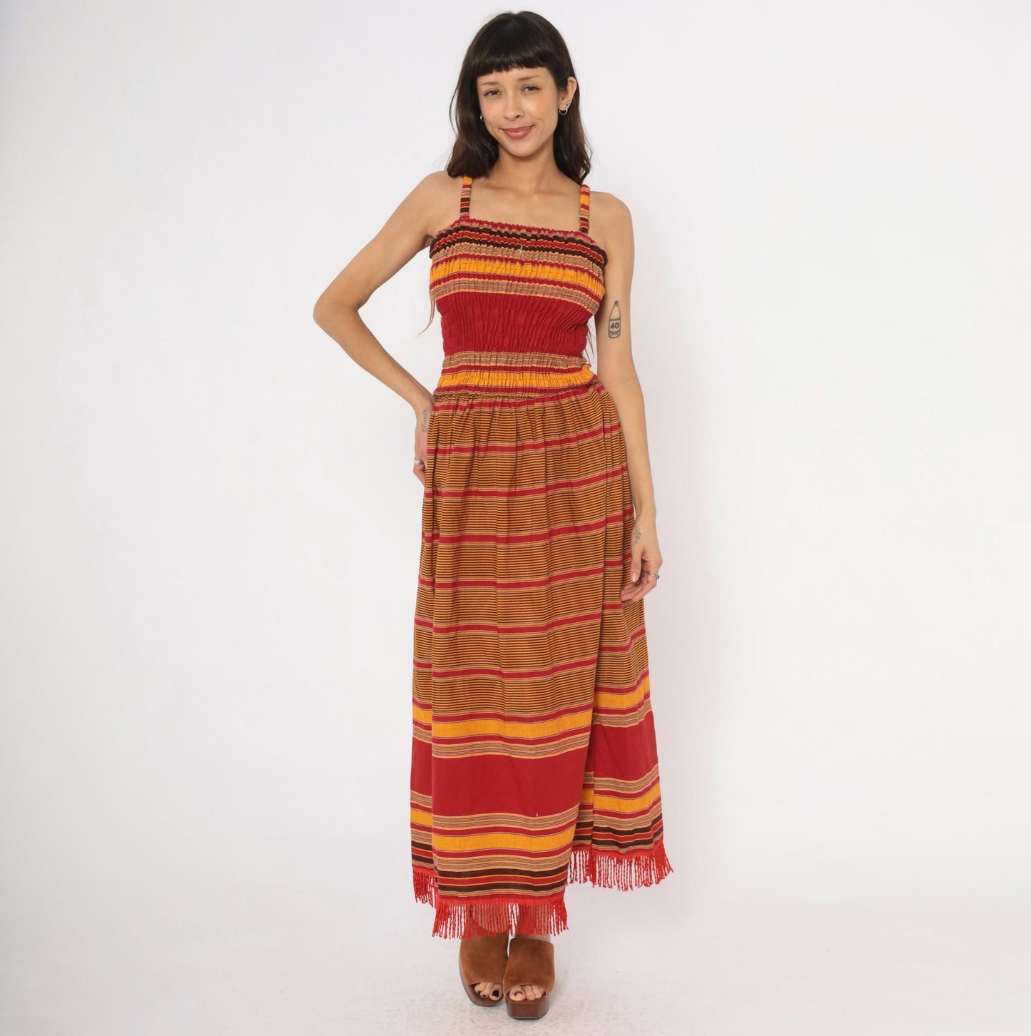 90s Striped Smocked Sundress Red Gold Fringe Hem Cotton Small