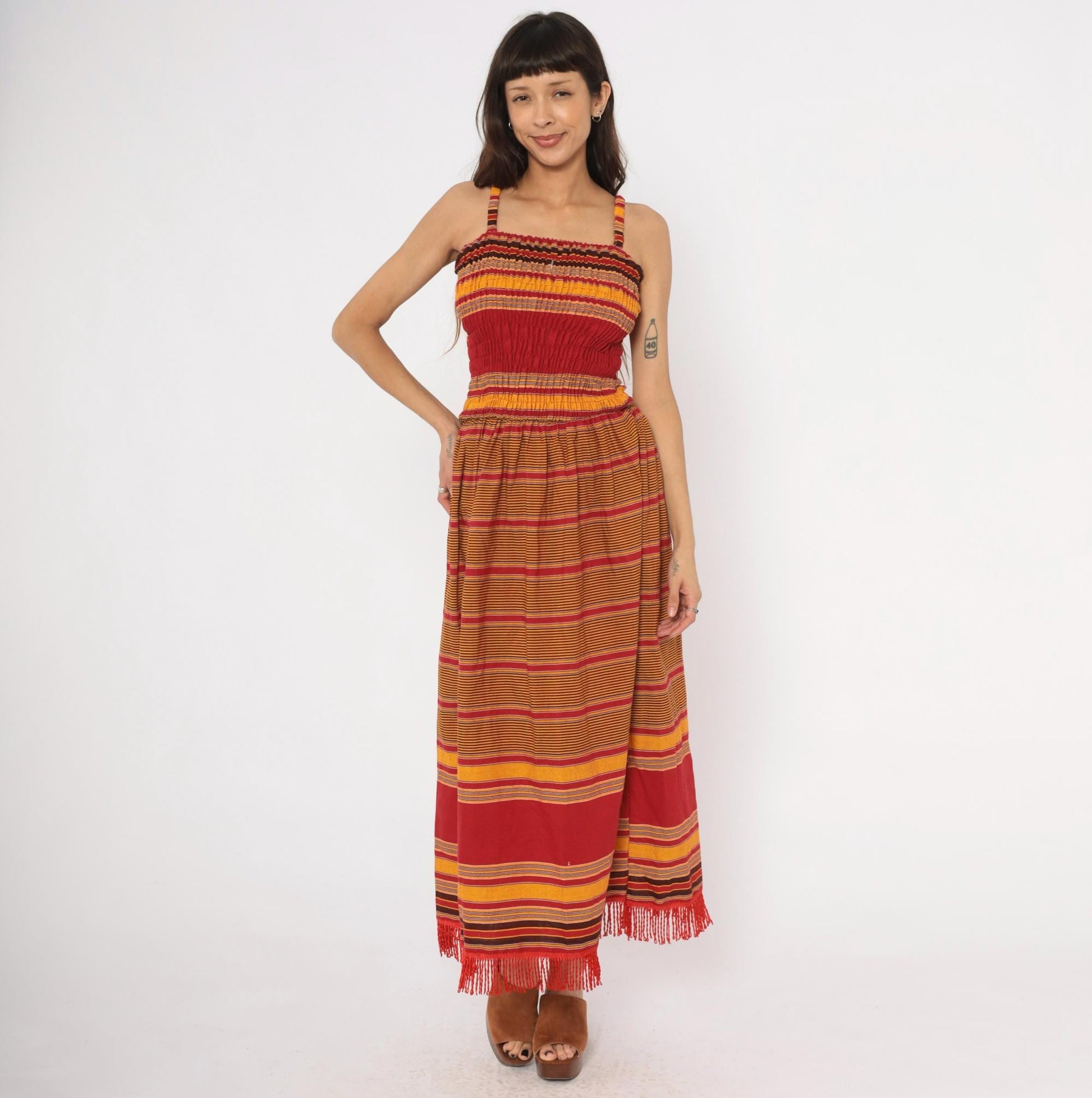 90s Striped Smocked Sundress Red Gold Fringe Hem Cotton Small