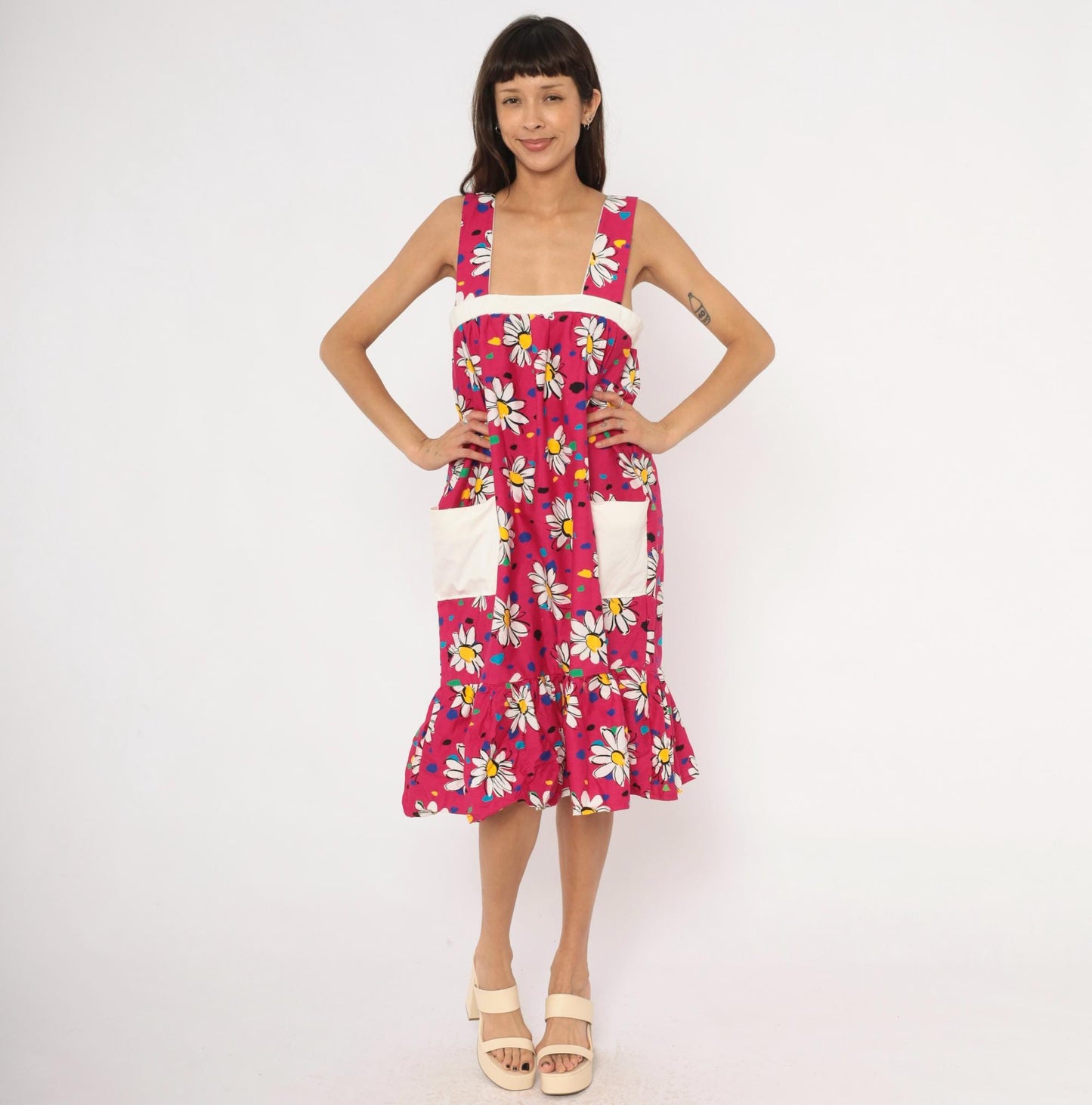 90s Fuchsia Daisy Print Cotton Sundress Square Neck Ruffle Pockets Small