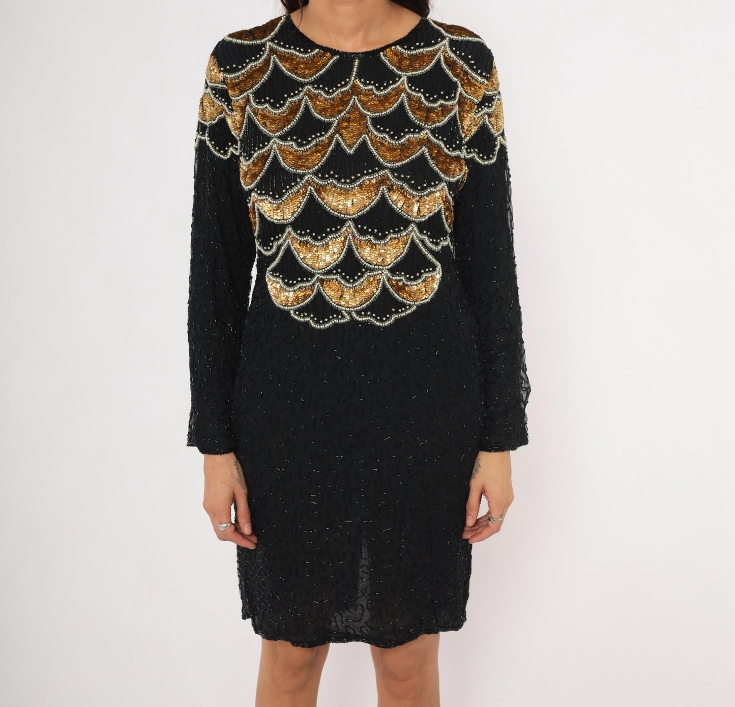 90s Carina Black Silk Mini Dress Gold Sequin Scallop Beaded Art Deco Large Petite