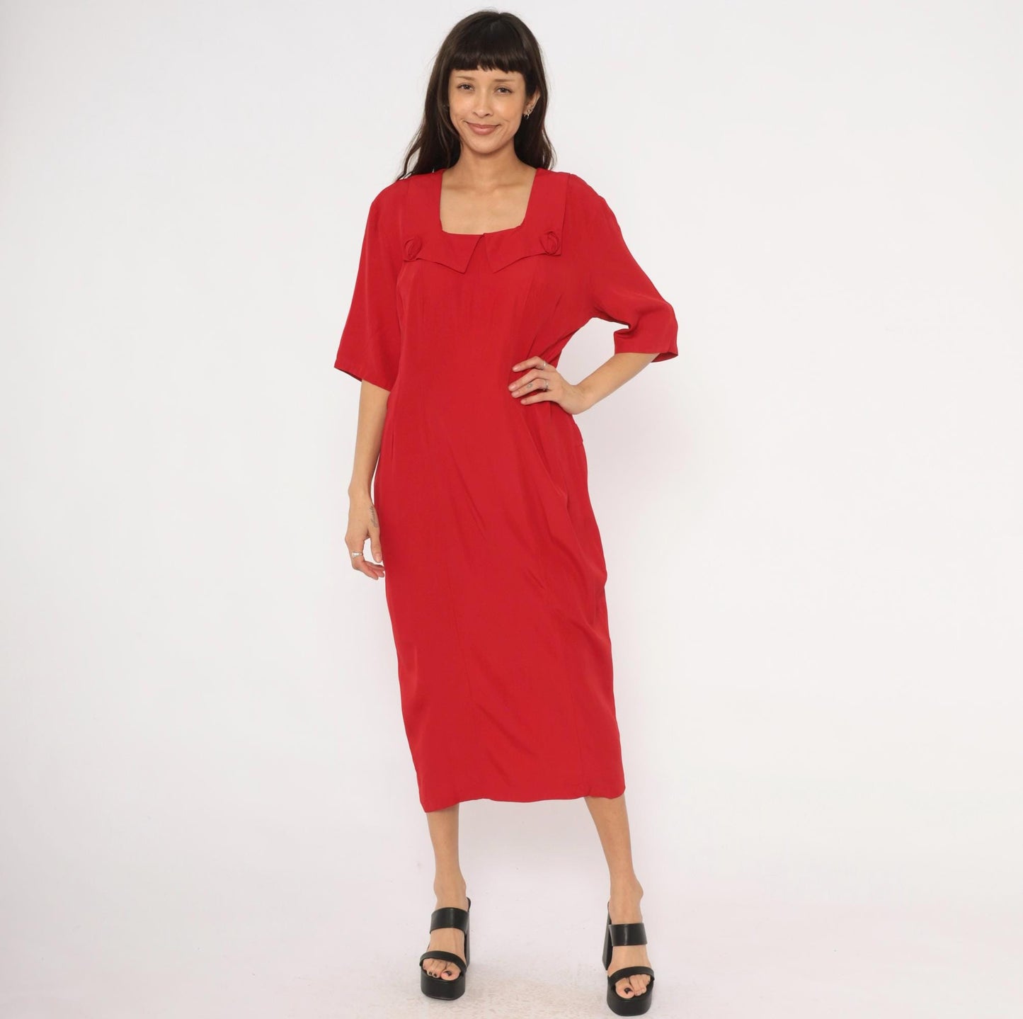 90s Atina Crimson Midi Dress Square Neckline Rosette Half Sleeve Large L