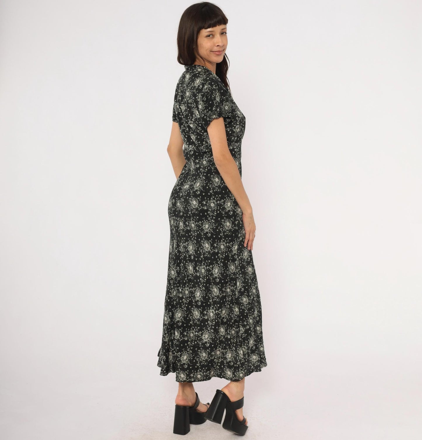 90s Scarlett Black Floral Maxi Dress White Dotted Short Sleeve Collared Large L