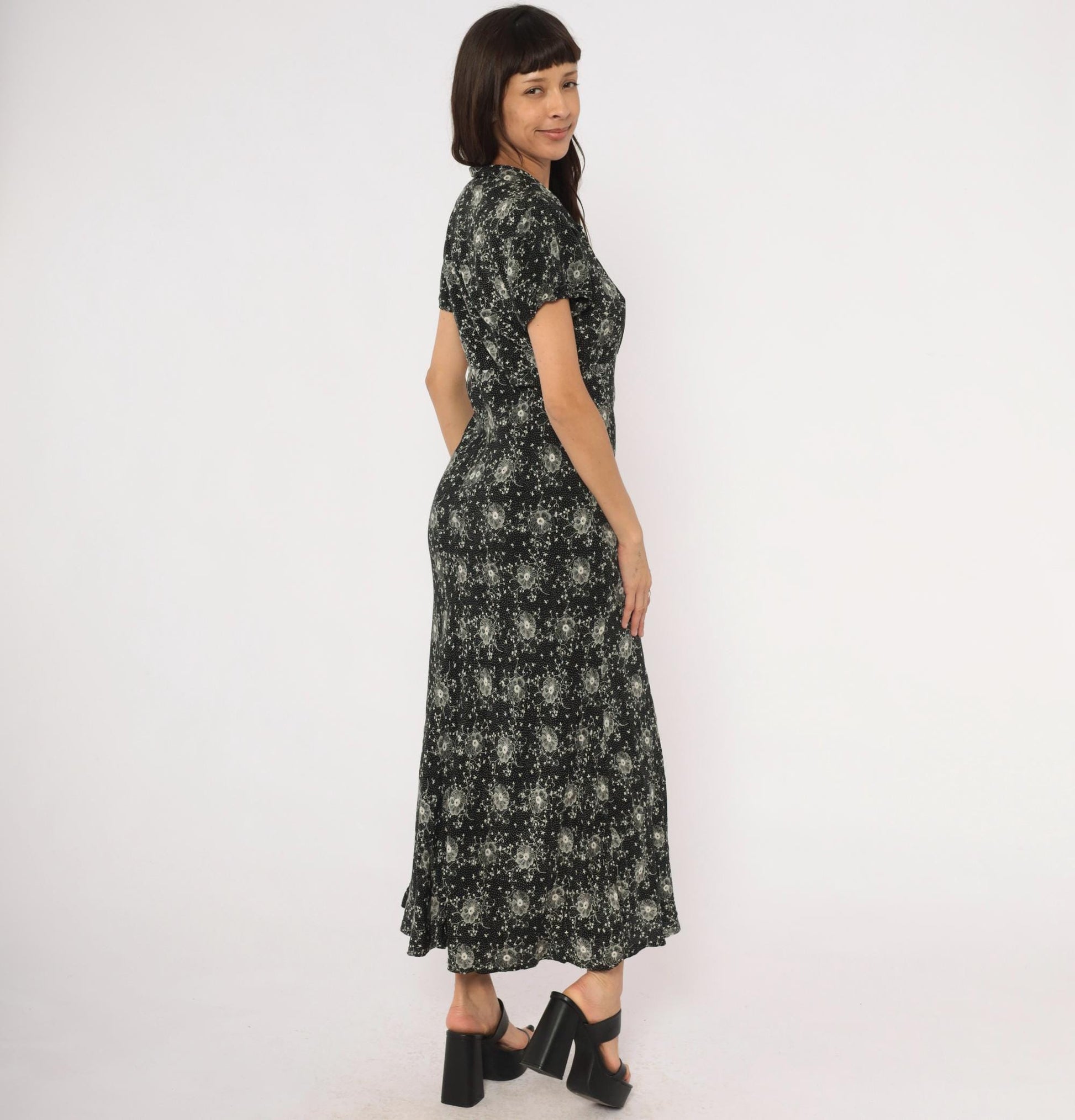 90s Scarlett Black Floral Maxi Dress White Dotted Short Sleeve Collared Large L