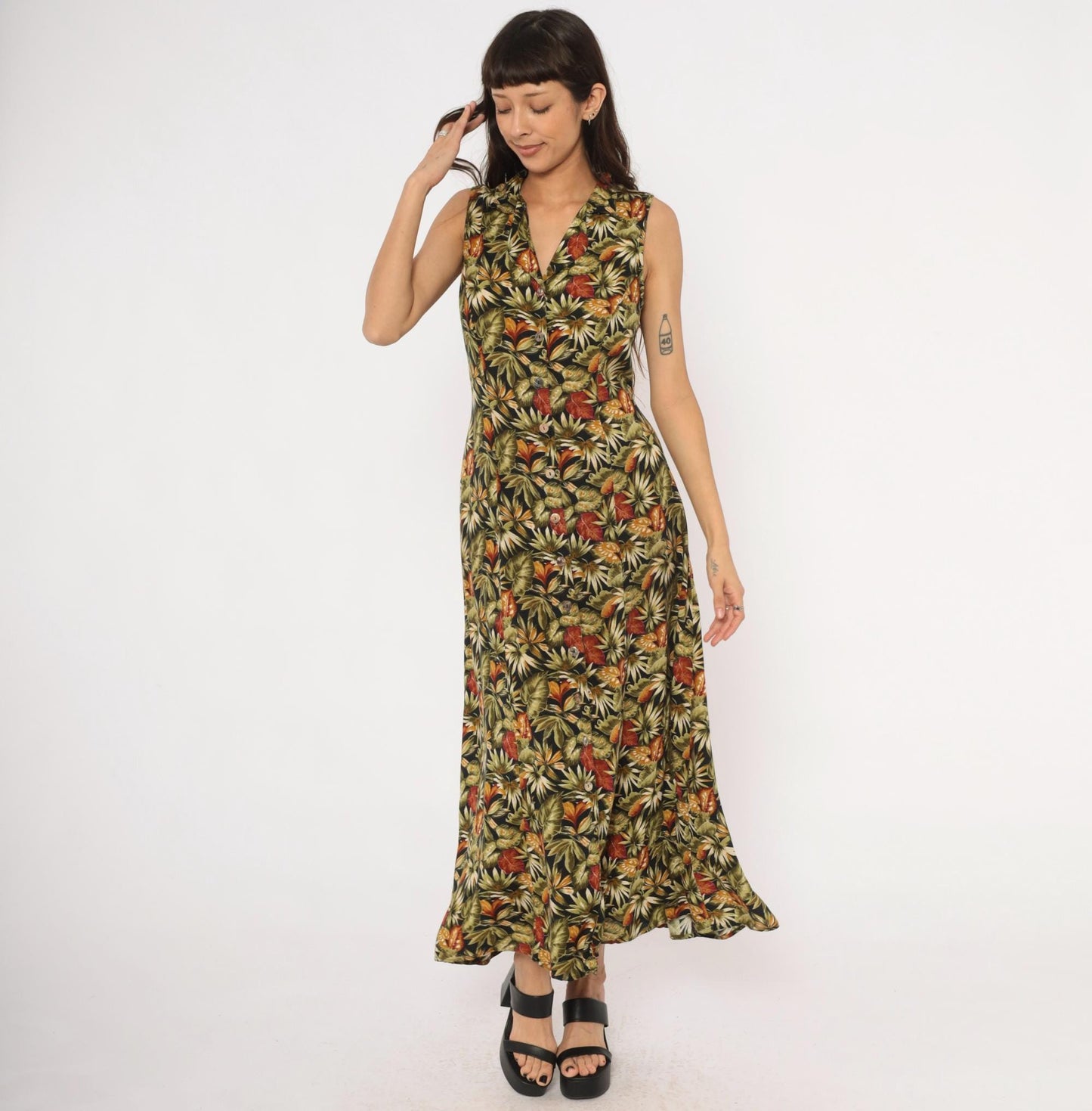 90s Teddi Tropical Leaf Maxi Dress Sleeveless Olive Green Medium M