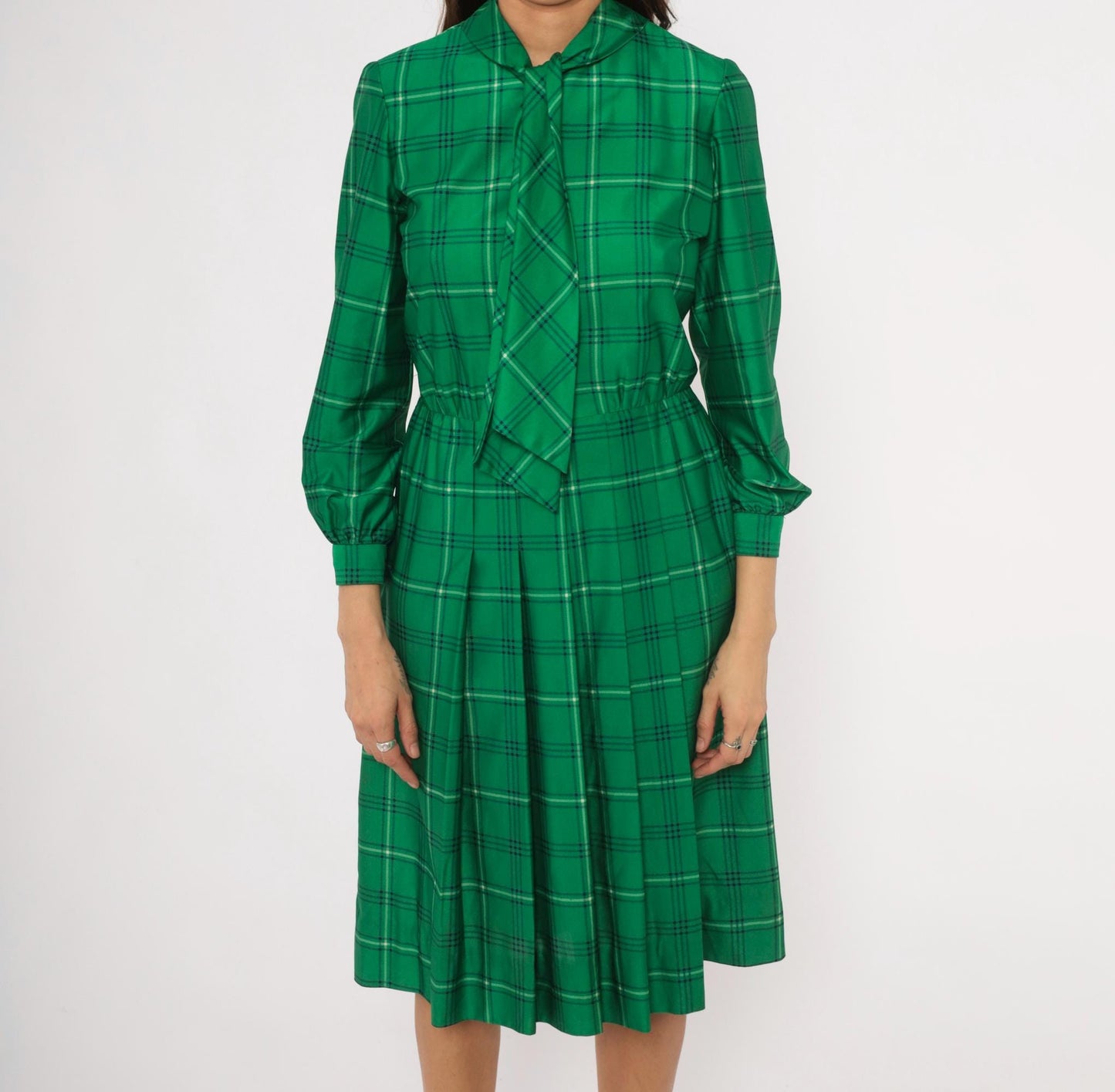 70s Nat Kap Lan Emerald Plaid Dress Pussy Bow Knee-Length Medium M