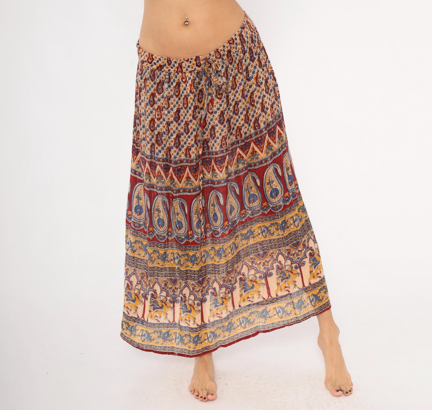 Y2K Lotus Indian Maxi Skirt Burgundy Paisley Gold Drawstring Waist Extra Large XXL