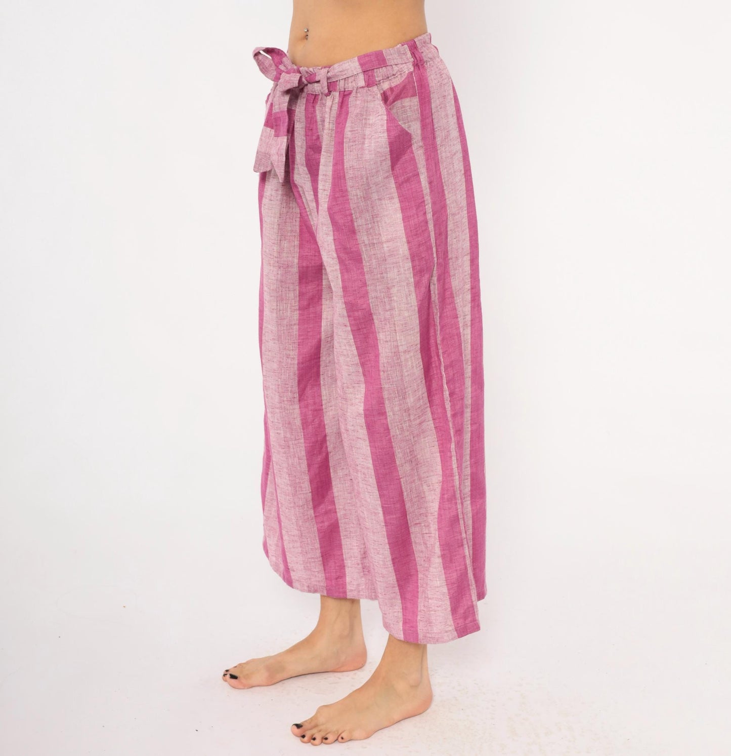 2000s Pink Plum Striped Wide Leg Cropped Pants Cotton Tie Waist Plus Size XXL