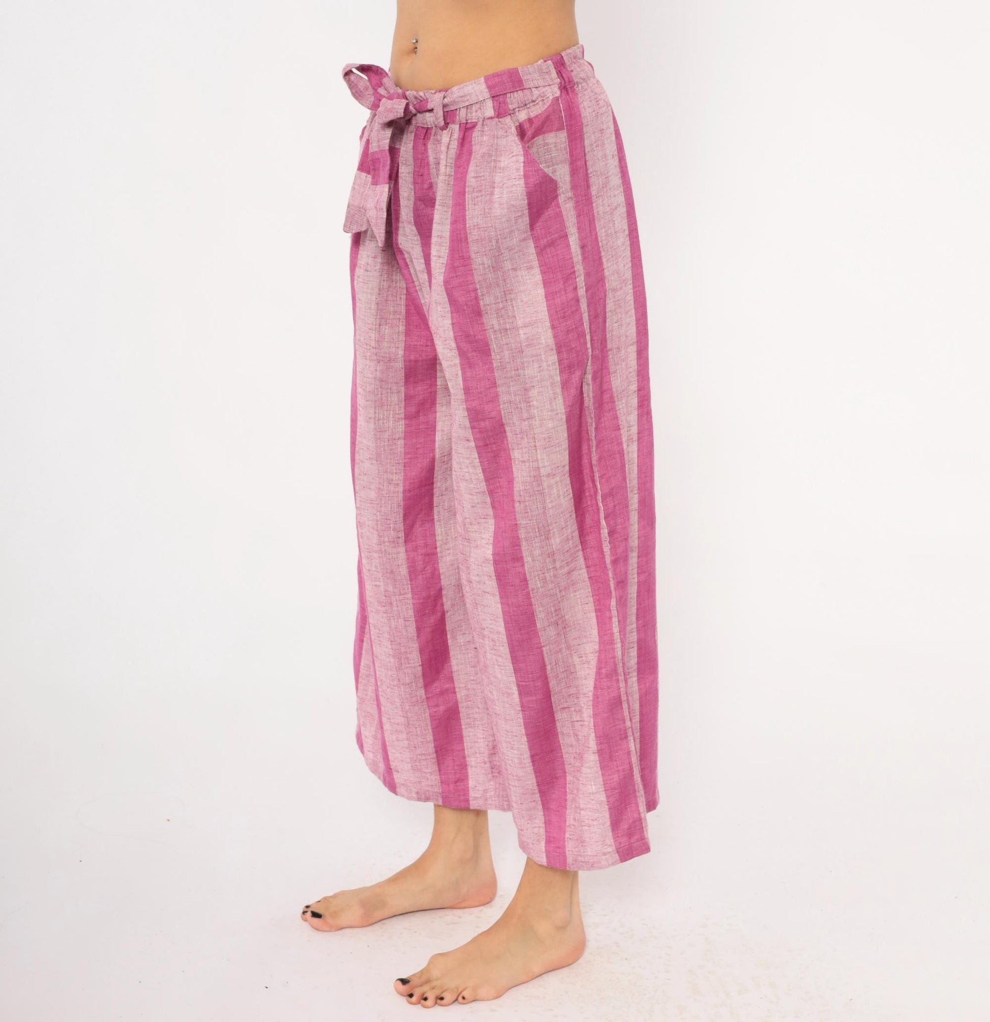 2000s Pink Plum Striped Wide Leg Cropped Pants Cotton Tie Waist Plus Size XXL