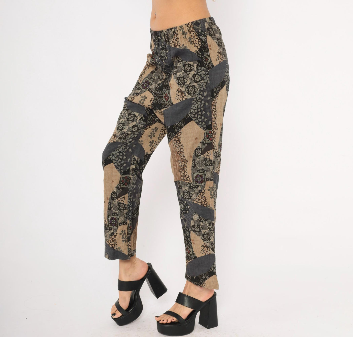 90s Patchwork Print Wide Leg Trousers Black Floral Geometric Elastic Waist Medium M