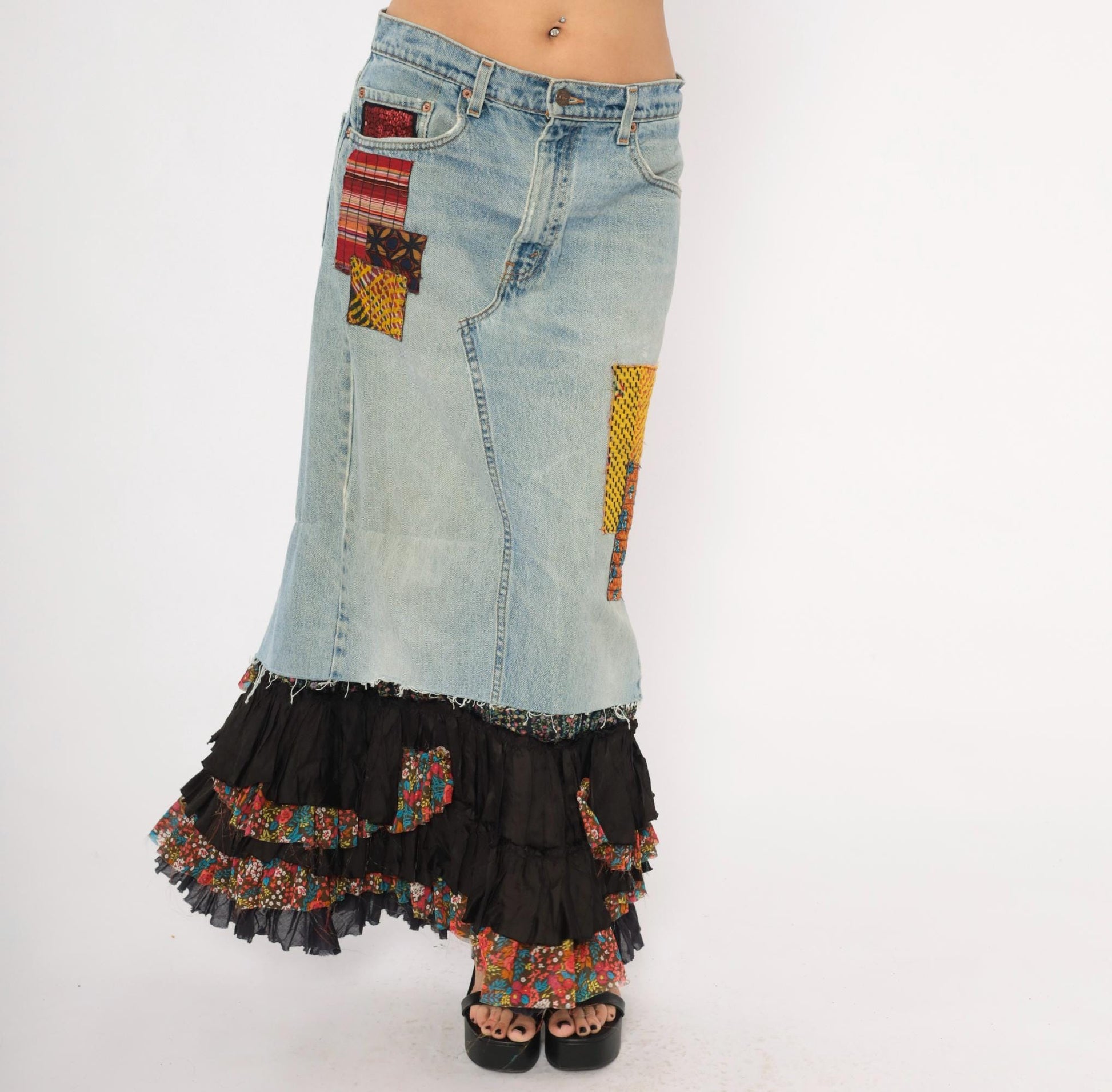 00s FP One Free People Patchwork Denim Maxi Skirt Light Wash Ruffled Small