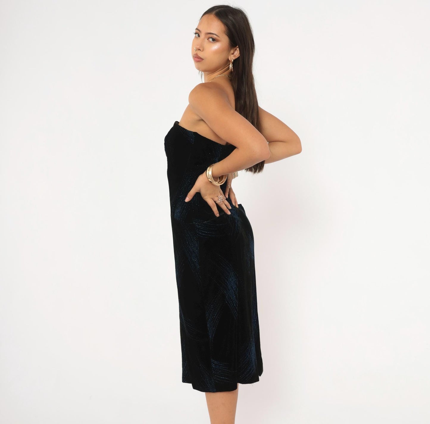 90s A.J. Bari Black Velvet Strapless Dress Blue Glitter Stripe Knee Length Small