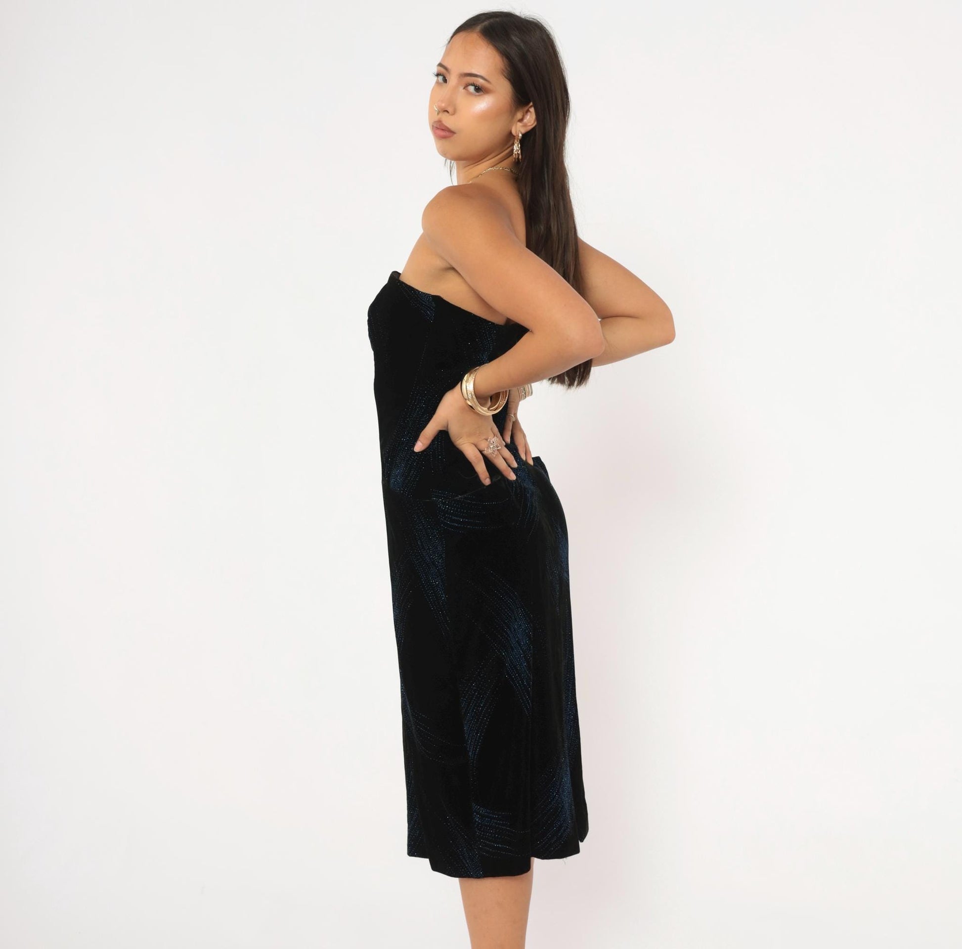 90s A.J. Bari Black Velvet Strapless Dress Blue Glitter Stripe Knee Length Small