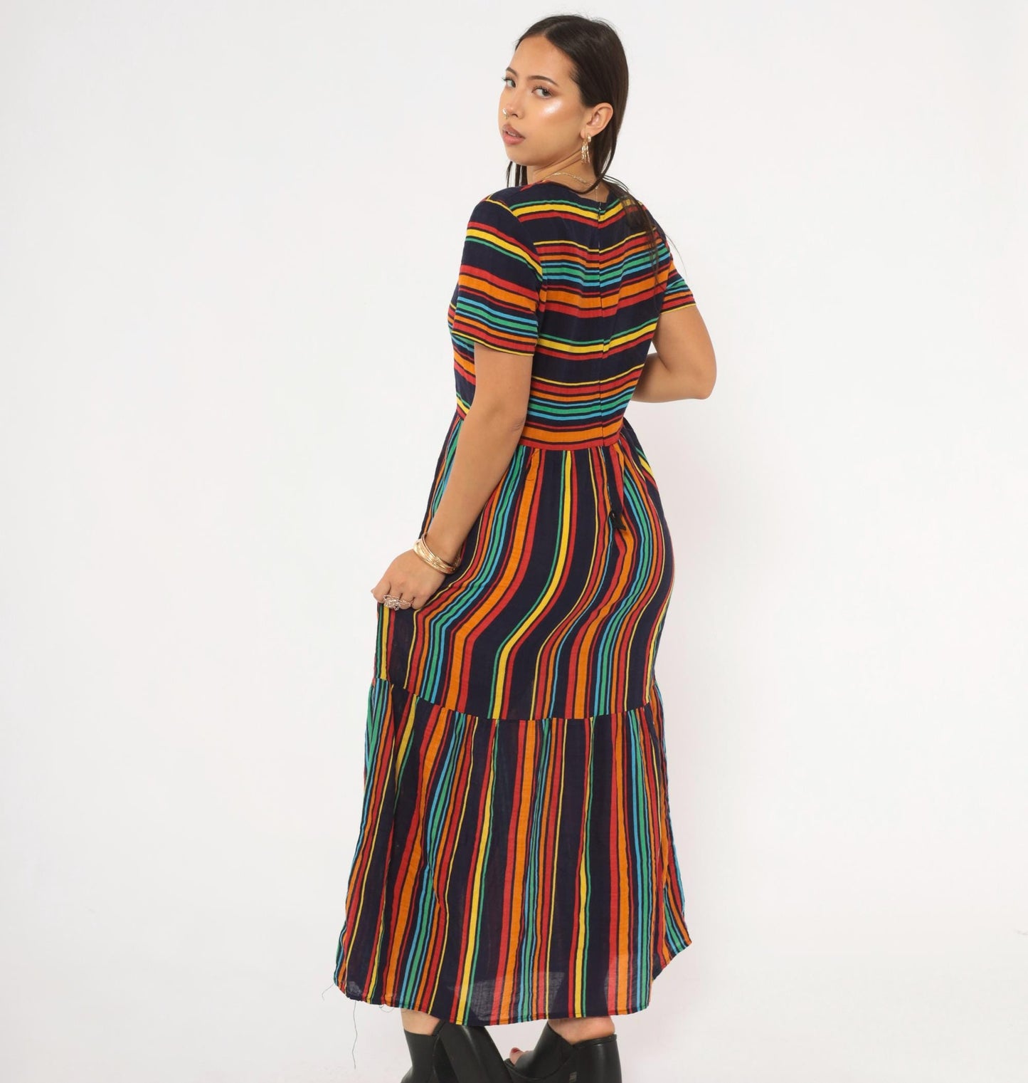 2000s Rainbow Stripe Maxi Dress Navy Multicolor Tiered Skirt Medium M