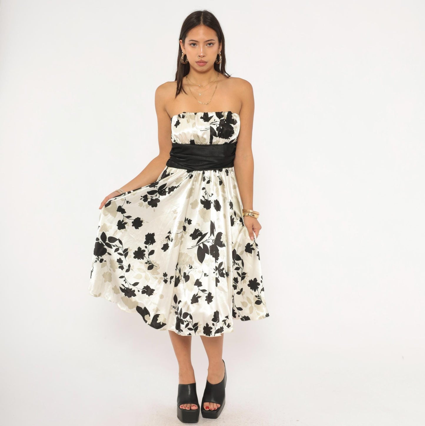 Y2K Intrigue Strapless Floral Mini Dress Black Cream Satin Empire Waist Medium