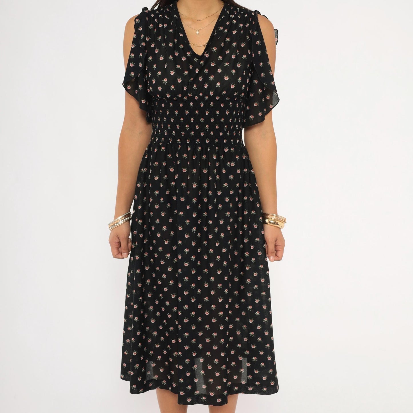 70s Act 1 New York Floral Midi Dress Flutter Sleeve Black Rose Print Small Medium