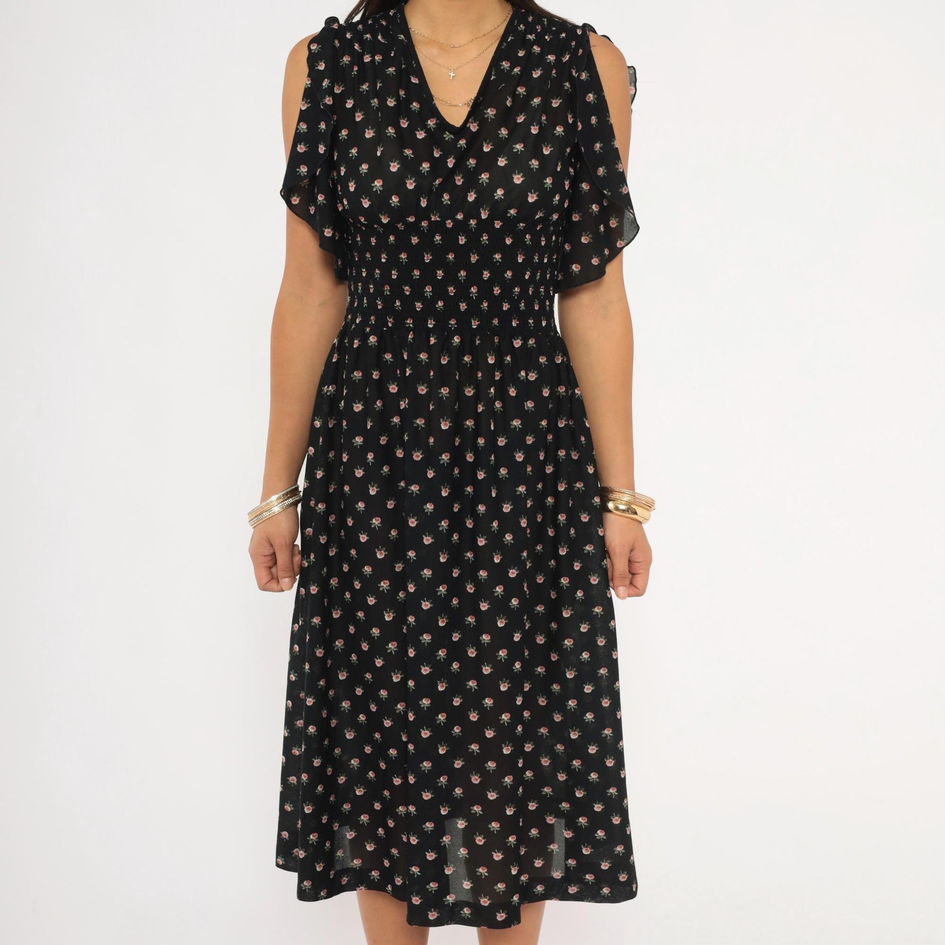 70s Act 1 New York Floral Midi Dress Flutter Sleeve Black Rose Print Small Medium