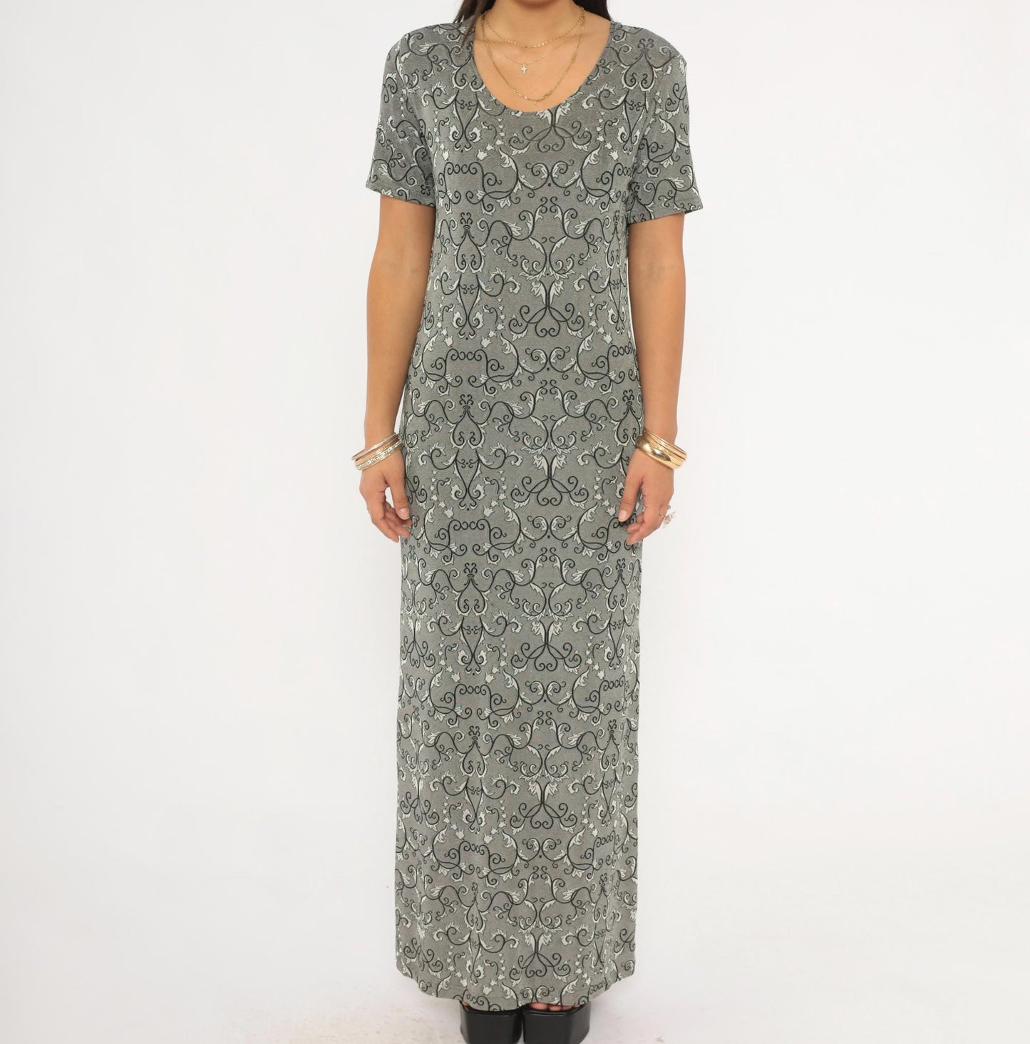 90s Abba Lycra Maxi Dress Baroque Damask Print Charcoal Short Sleeve Large L