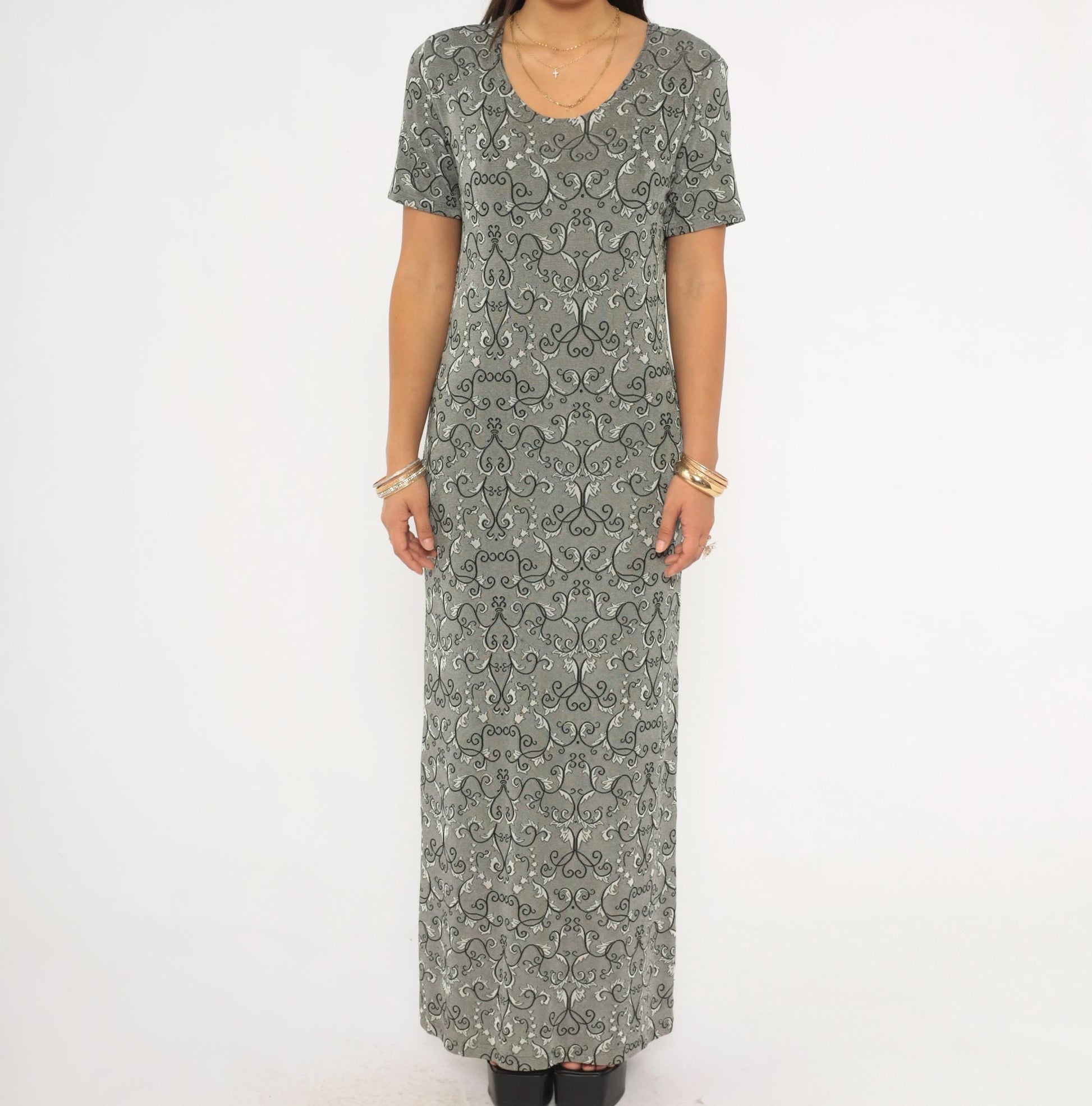 90s Abba Lycra Maxi Dress Baroque Damask Print Charcoal Short Sleeve Large L