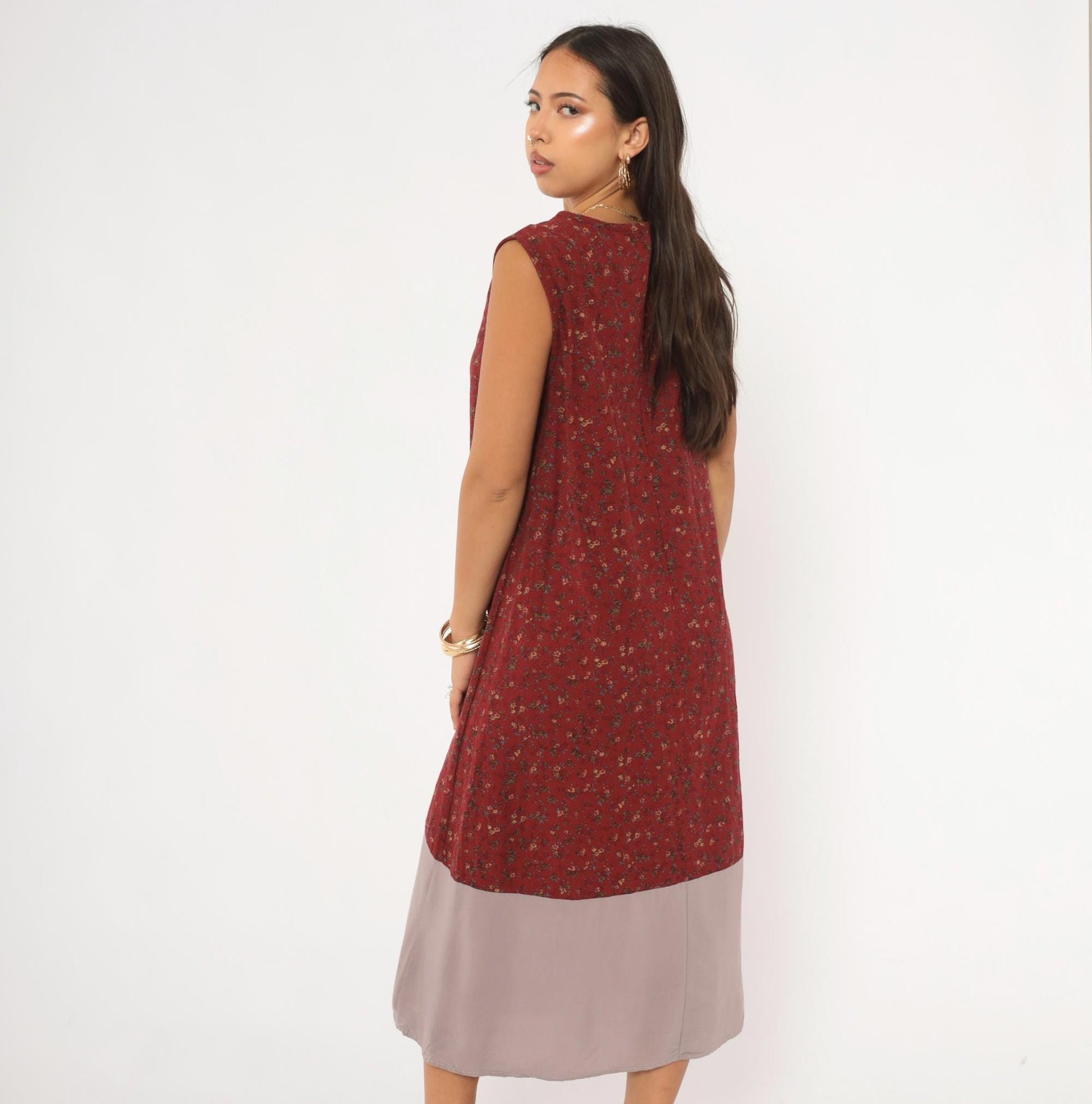 00s Burgundy Floral Ditsy Midi Dress Sleeveless Cotton Shift Small Medium