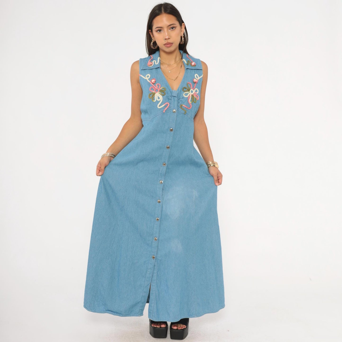 90s Midnite Light Blue Denim Maxi Dress Floral Embroidery Collared Medium M
