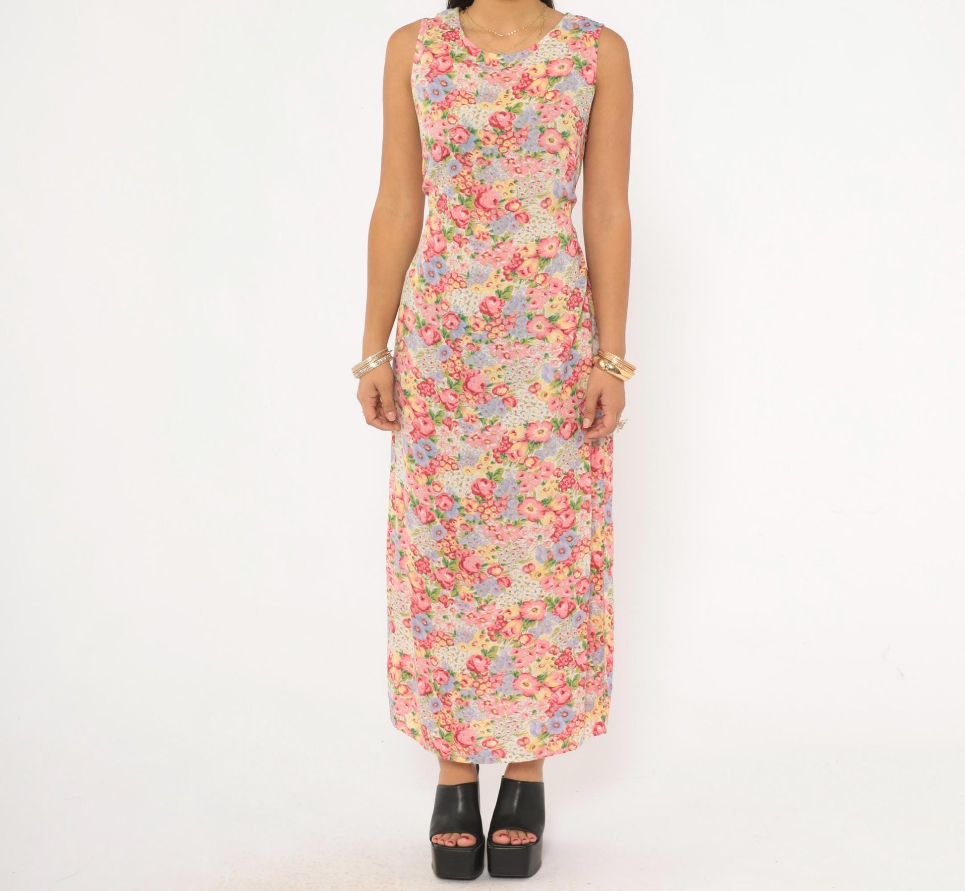 90s Casual Corner Annex Floral Maxi Dress Pink Garden Print Tie Back Small