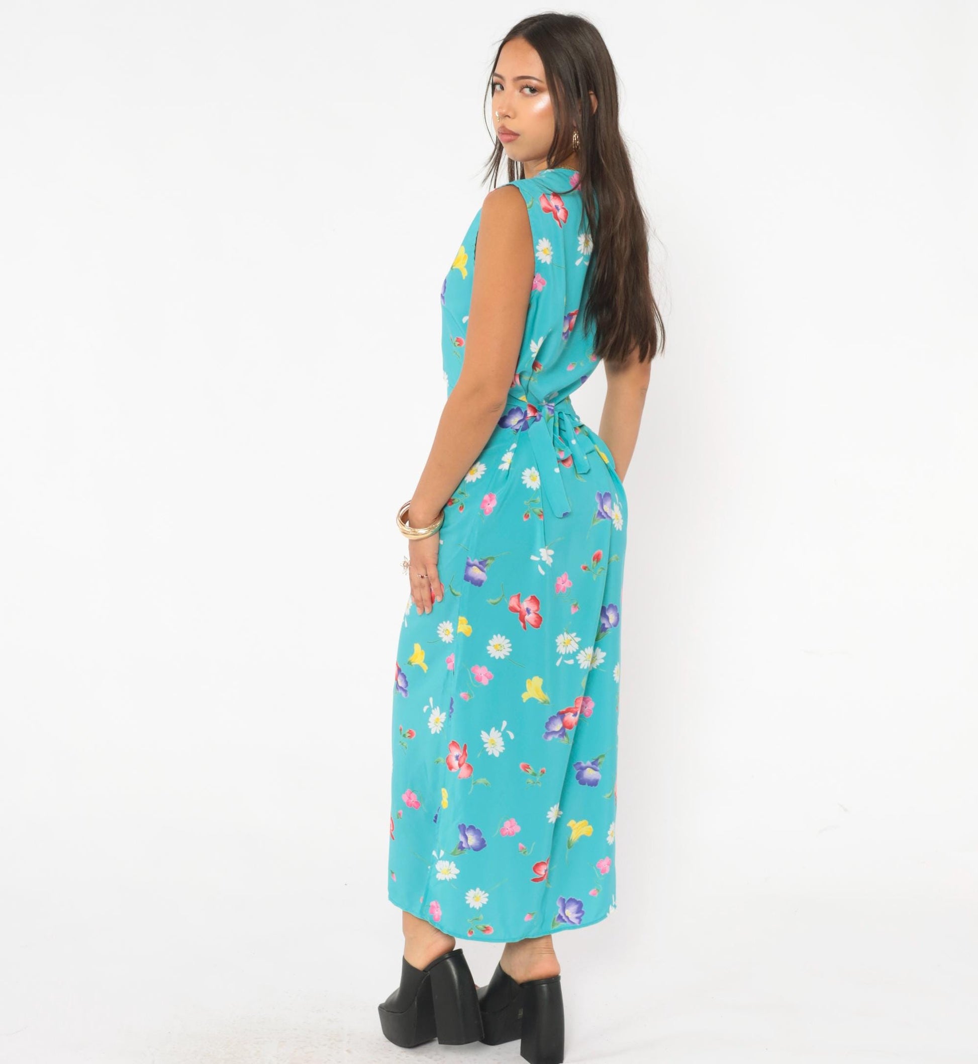 90s Top Secret New York Floral Maxi Dress Turquoise Wildflower Medium M