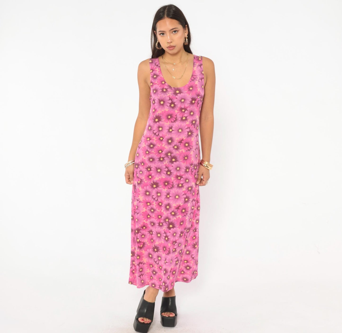 90s Pacific Palm Pink Floral Maxi Dress Daisy Tank Scoop Neck Medium M
