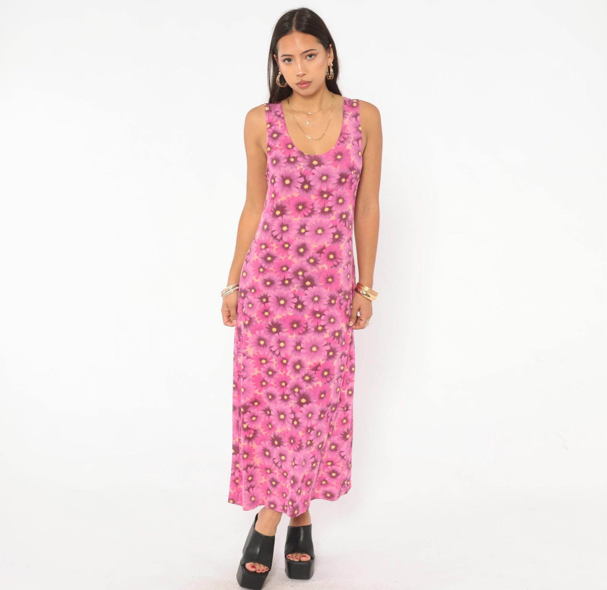 90s Pacific Palm Pink Floral Maxi Dress Daisy Tank Scoop Neck Medium M