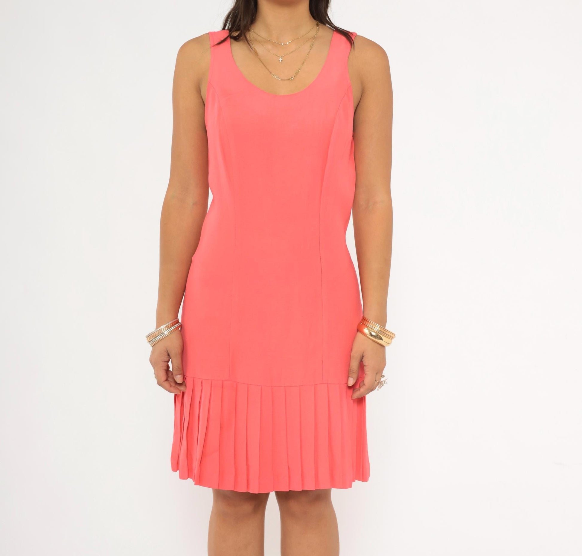 90s Coral Pleated Mini Dress Sleeveless Drop Waist Scoop Neck Small S