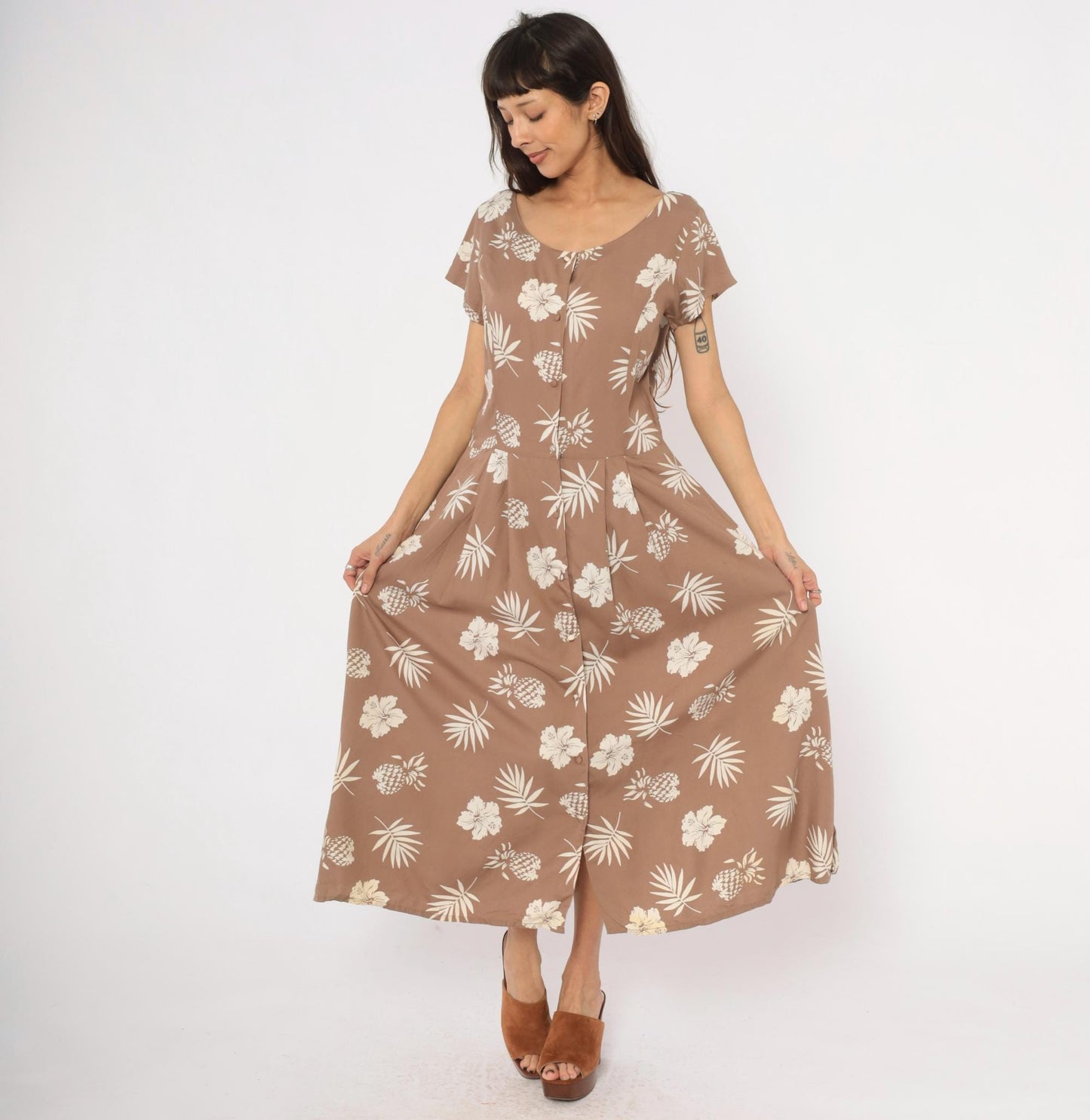 80s Apart Tropical Hibiscus Maxi Dress Tan Cream Cap Sleeve Medium M