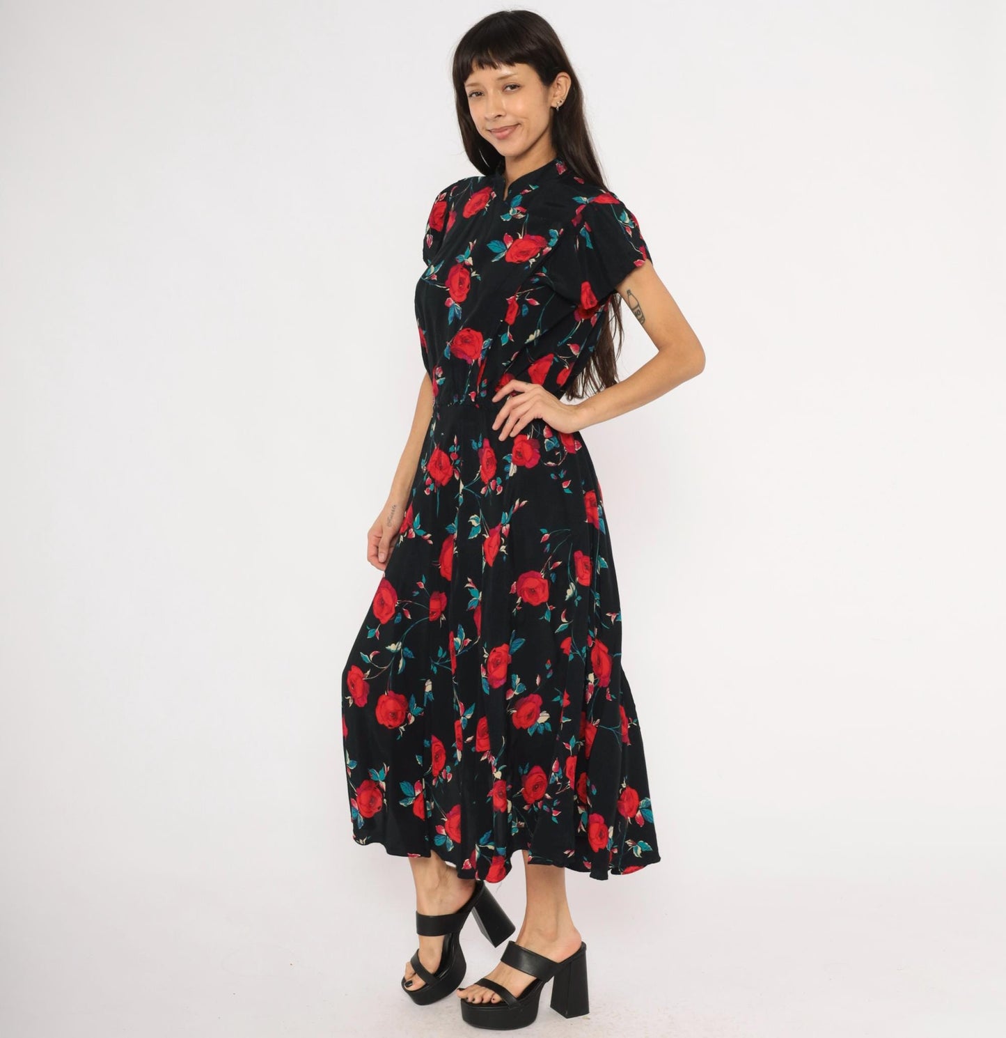 90s Nina Piccalino Black Midi Dress Red Rose Print Mandarin Collar Large L