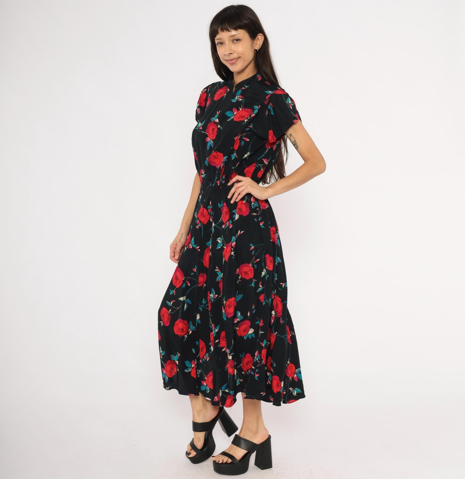 90s Nina Piccalino Black Midi Dress Red Rose Print Mandarin Collar Large L