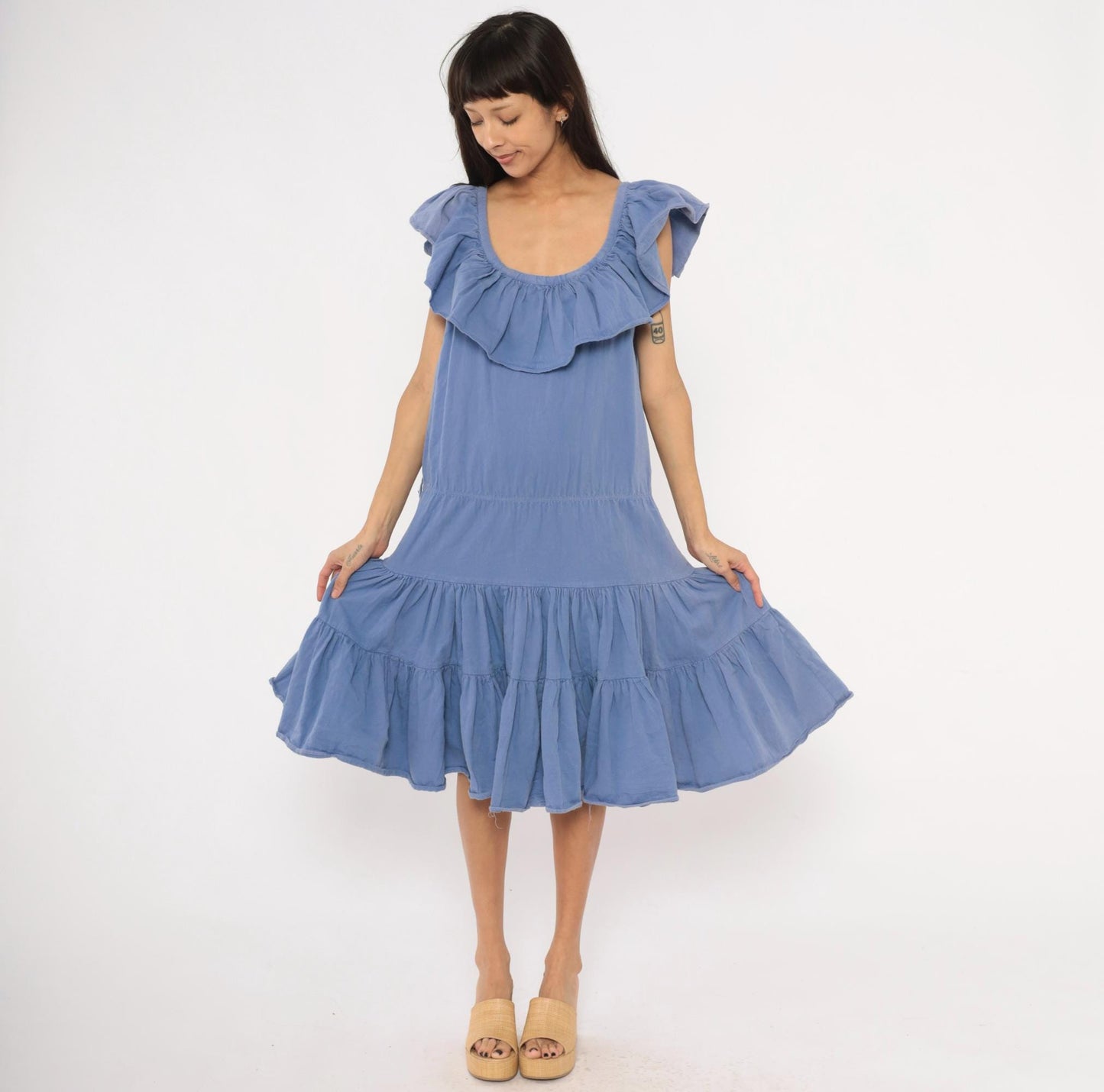 80s Jb Periwinkle Cotton Sundress Tiered Ruffle Midi Powder Blue Large L
