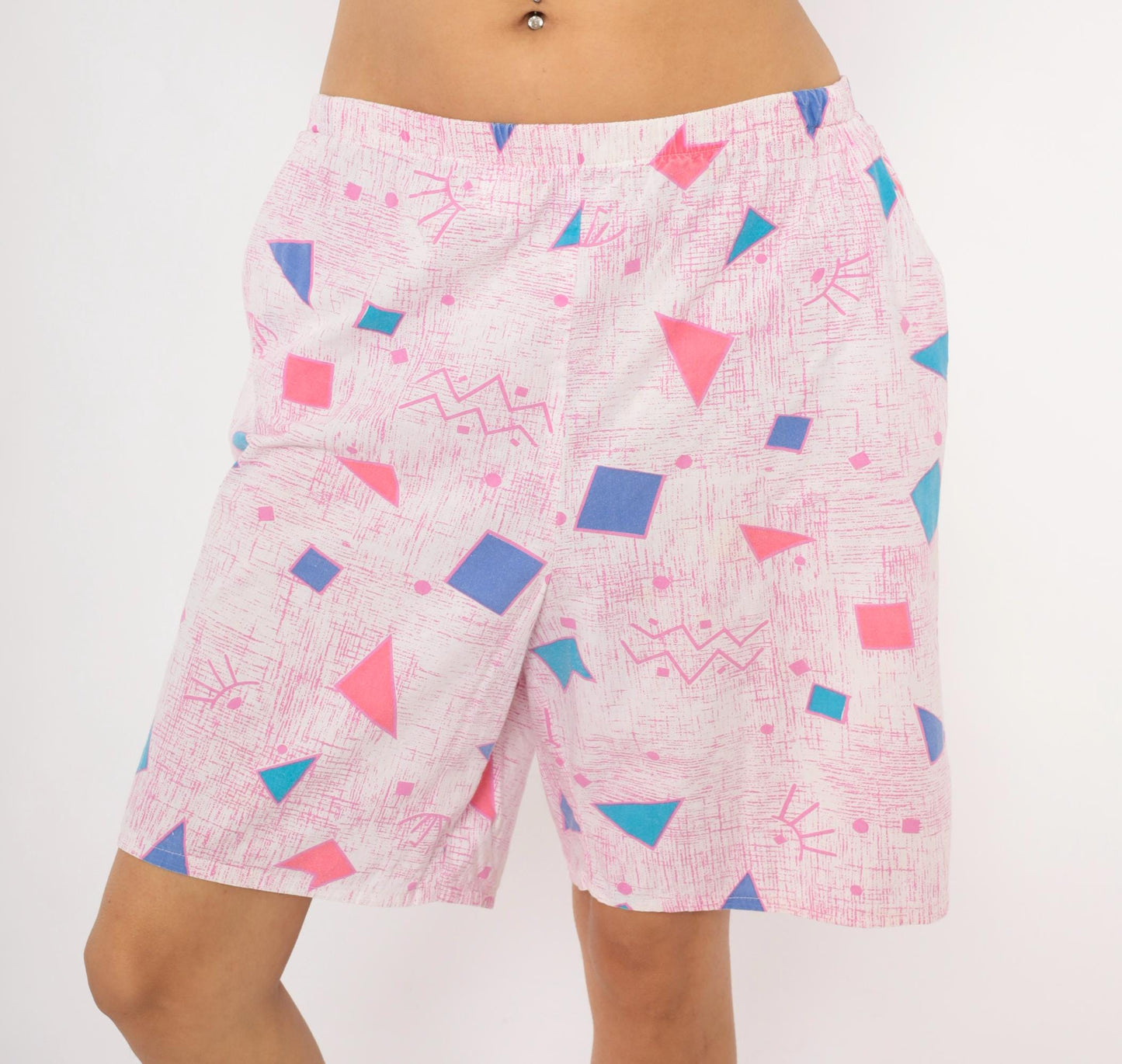 80s Geometric Triangle Shorts Pink Teal Blue Cotton Knee-Length Medium