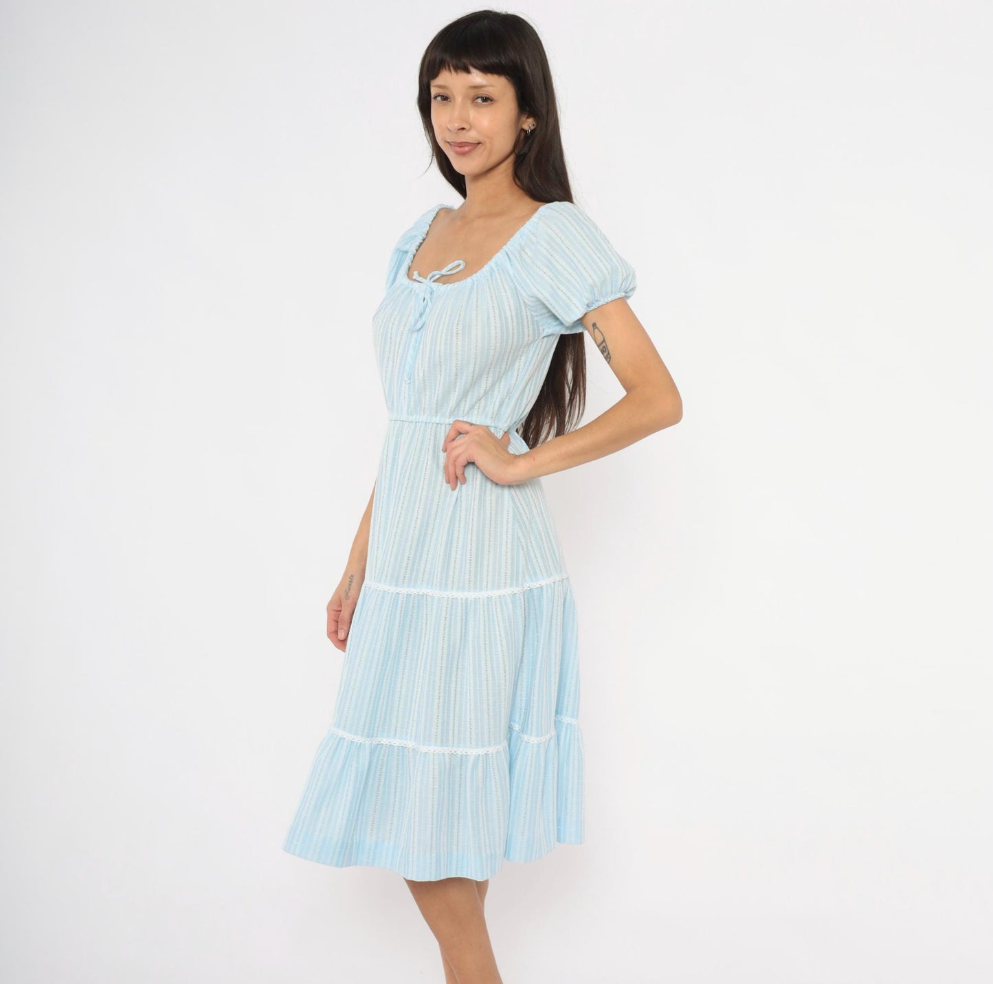 70s Sky Blue Striped Peasant Dress Puff Sleeve Tiered Skirt Lace Trim Medium M