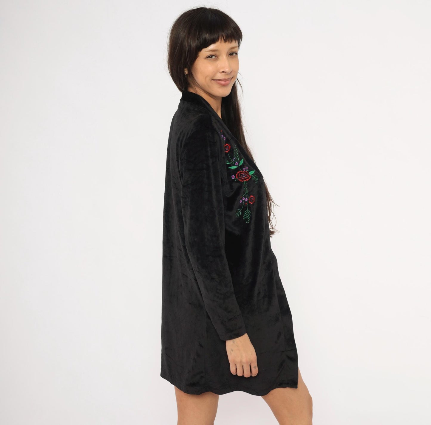 80s Blair Black Velvet Kimono Duster Embroidered Floral Rose Medium M