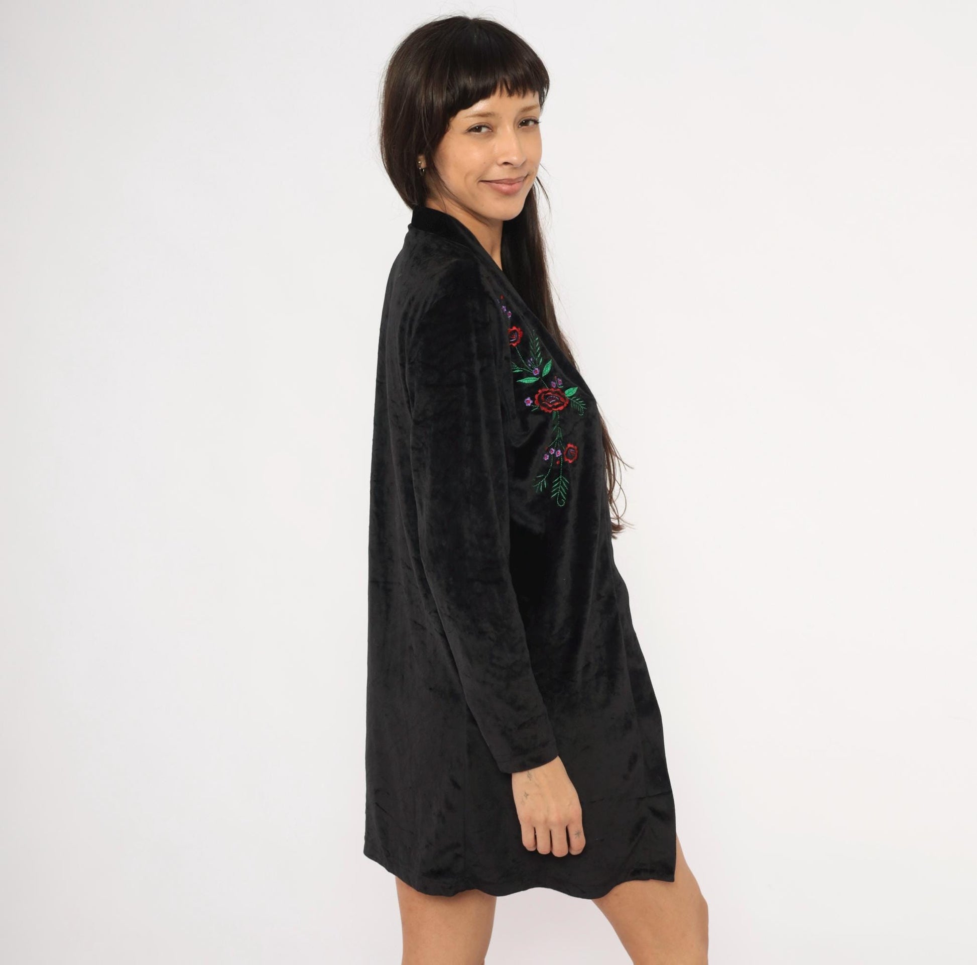 80s Blair Black Velvet Kimono Duster Embroidered Floral Rose Medium M