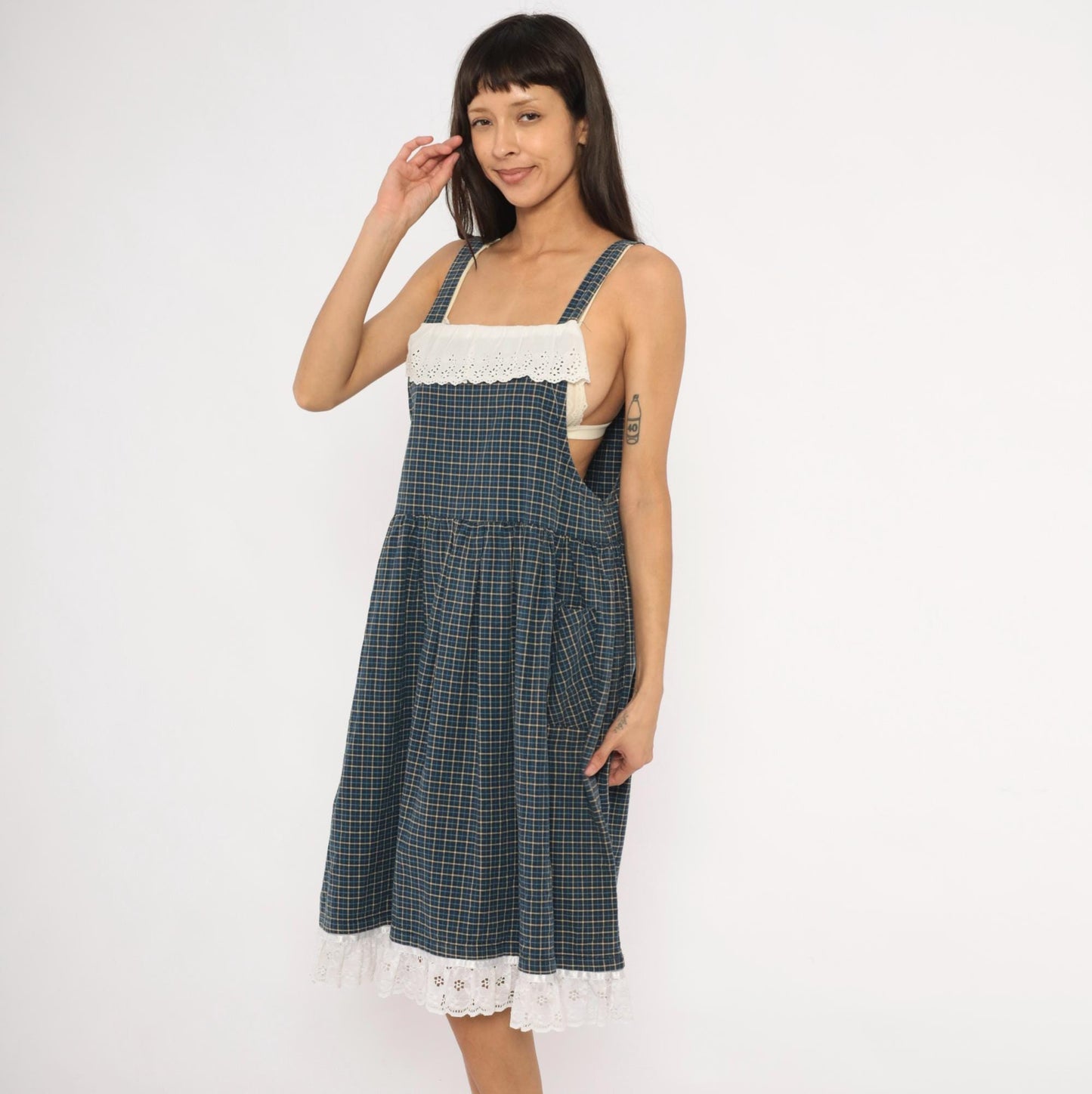 80s Navy Tan Plaid Pinafore Sundress Cotton Eyelet Lace Knee Medium