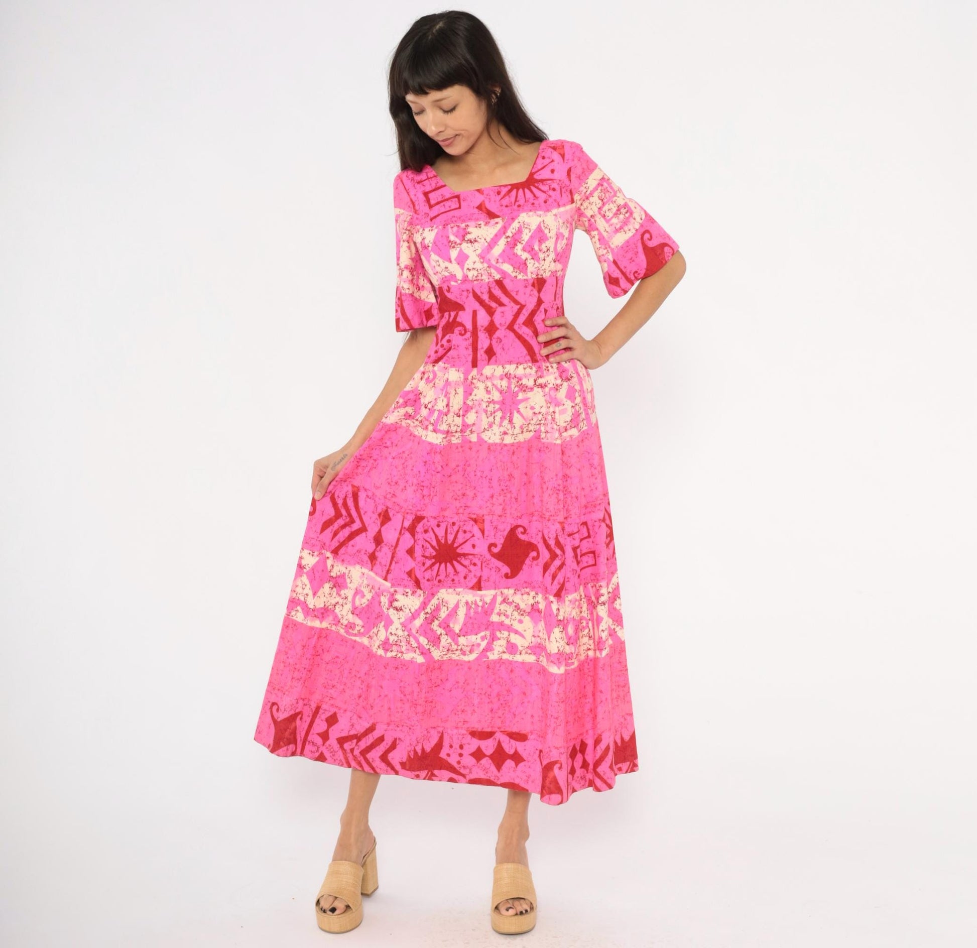 70s Holiday Sportswear Hot Pink Batik Maxi Dress Bell Sleeve Square Neck XS