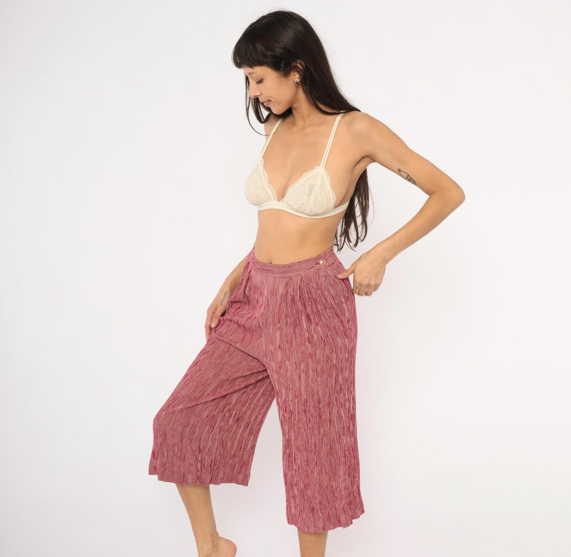 80s Leslie Fay Burgundy Striped Pleated Culottes Wide Leg Cropped Medium