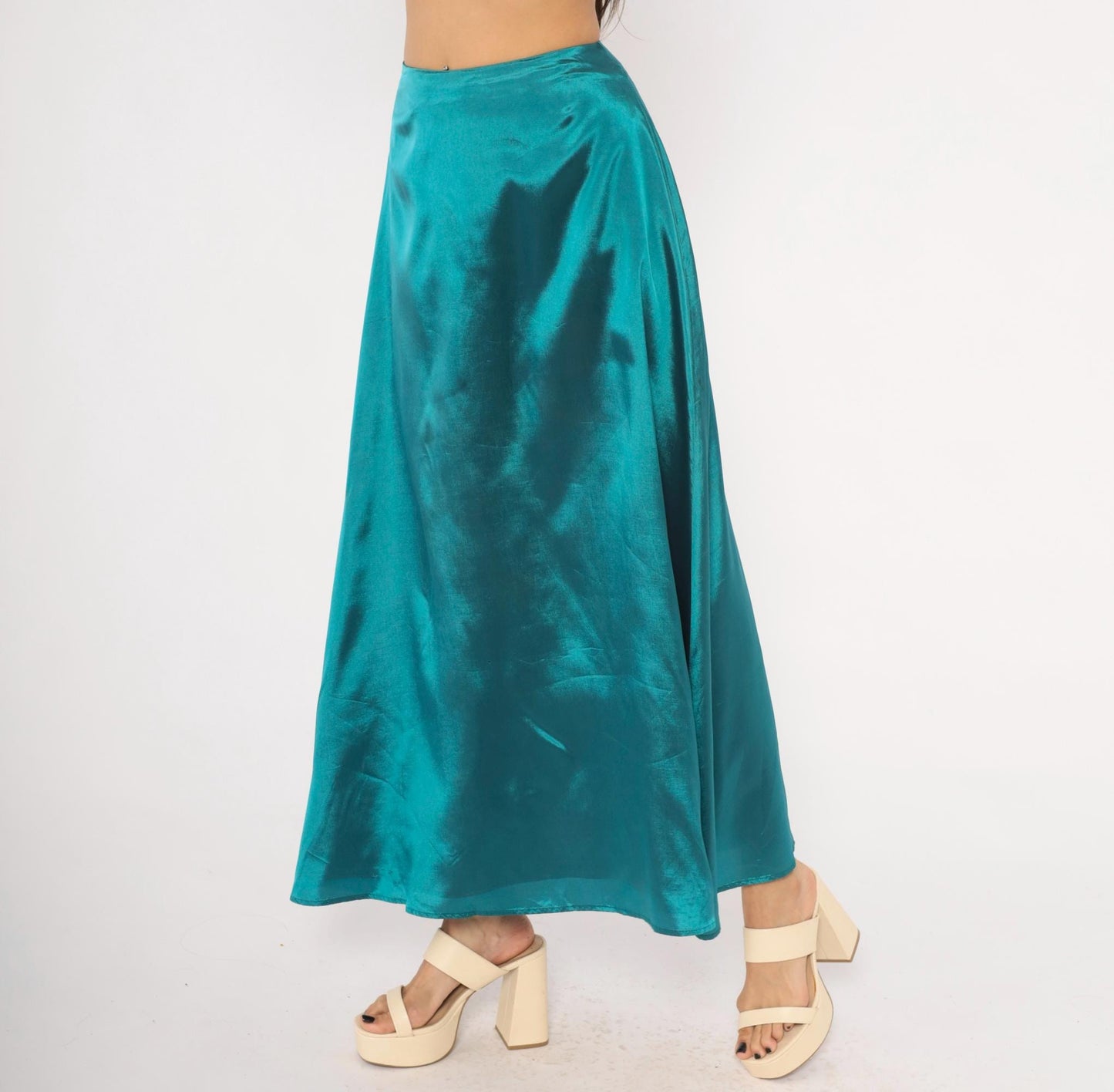 90s Star CCC Teal Satin A-Line Maxi Skirt High Waist Small S