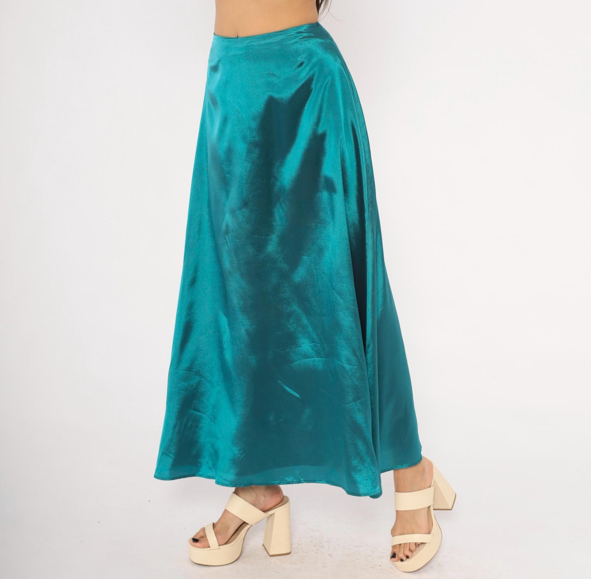 90s Star CCC Teal Satin A-Line Maxi Skirt High Waist Small S