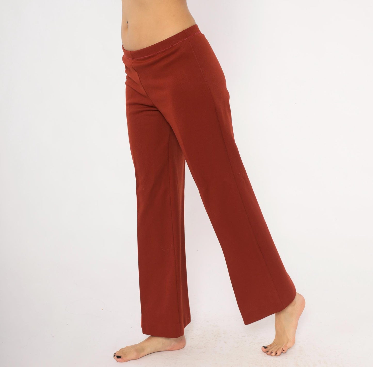 70s Rust Wide Leg Pants Elastic Waist Flare Bottom Pull On Trousers Large L