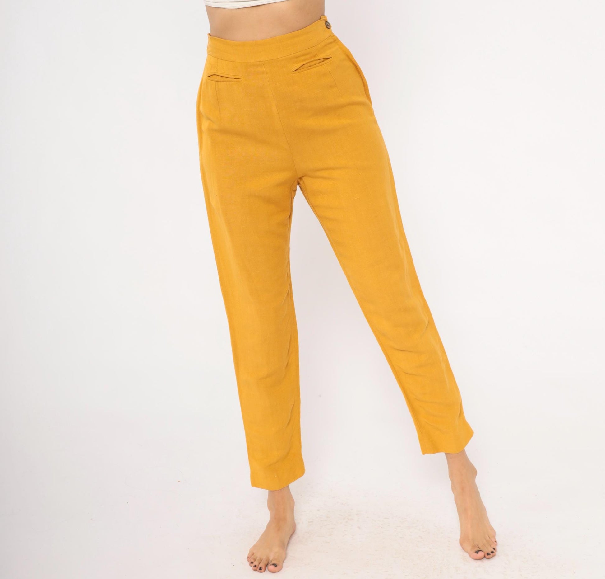 90s Sāke Mustard Linen High-Waist Tapered Trousers Extra Small XS